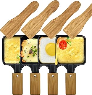 Square Shape Non-Stick Coated Mini Iron Grill Cheese Pan Melting Accessories for Raclettes Replacement trays Mini grill pans with bamboo handle(4pcs)