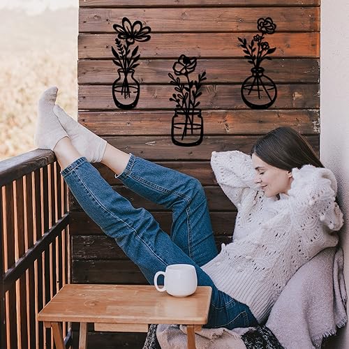 Miniatura 6 de qzmaikoo 3 piezas de flores de metal negro para decoración de pared jarrón de metal arte de pared esculturas de pared de metal para colgar en