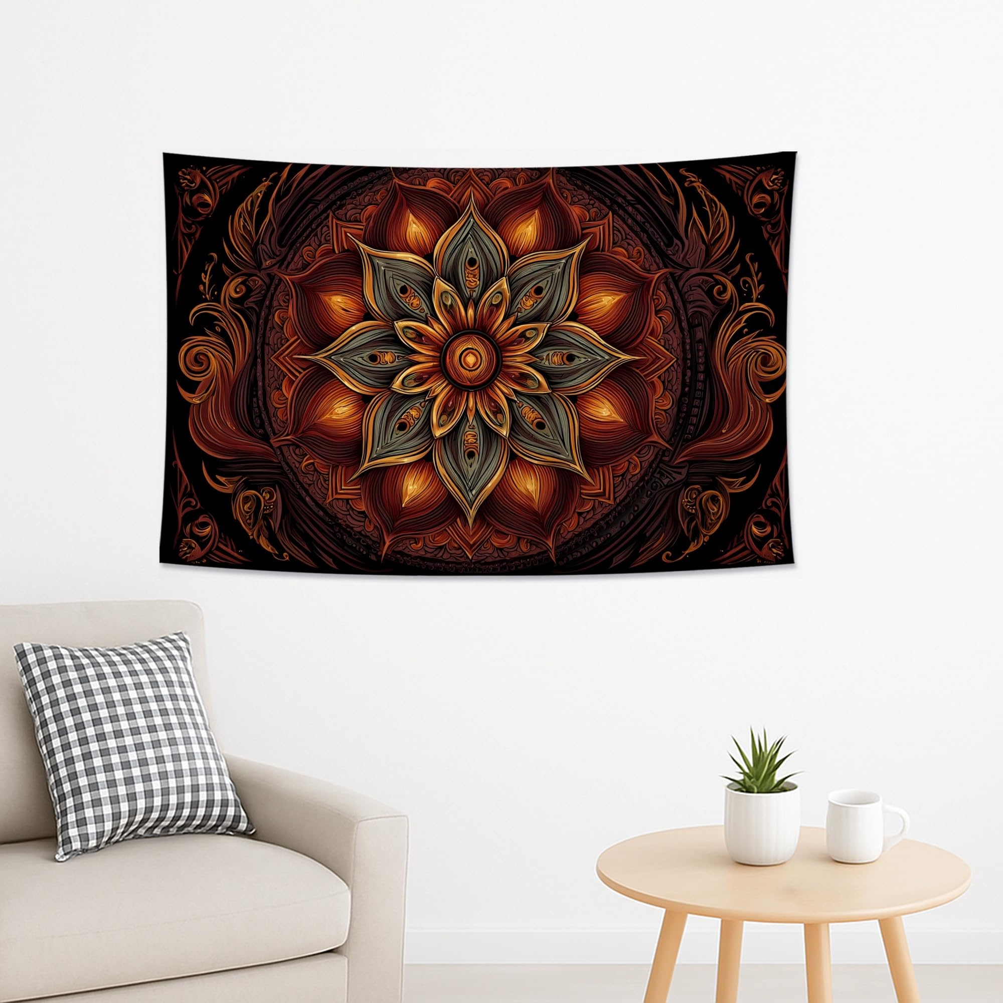 Elegant Mandala Flower Tapestry, Rich Brown and Orange Wall Hanging, Bohemian Decor for Autumn Living Room, Bedroom, Cozy Aesthetic 60x50 Inch