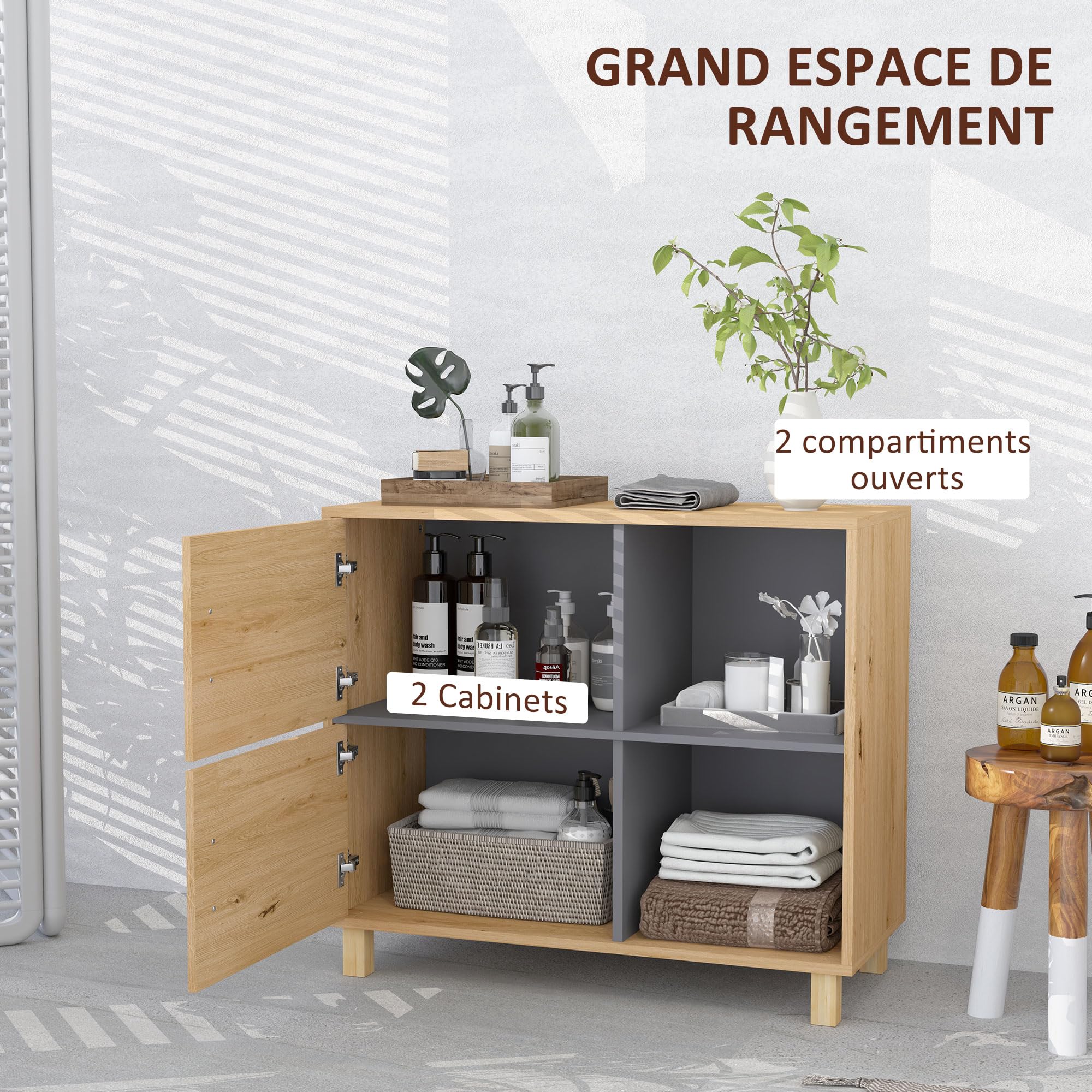 HOMCOM Meble łazienkowe, szafka do przechowywania z otwartymi przegródkami i szafą, szafka łazienkowa niedz. 80 l x 35P x 70H cm, naturalne drewno
