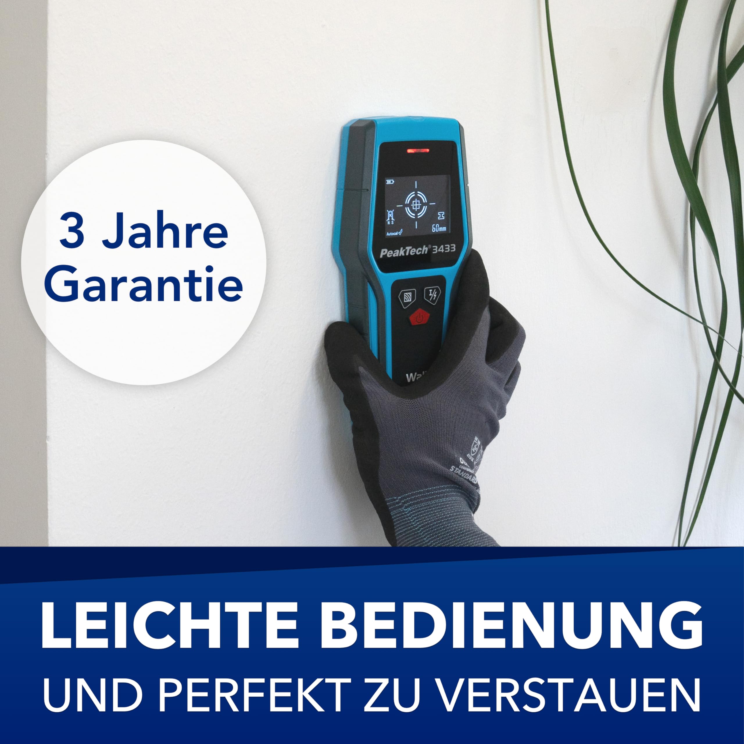 PeakTech P 3433 – Professionelles Leitungssuchgerät – Digitaler Leitungssucher für Stromleitungen, Metall, Balken und Holz – Leitungsfinder mit Selbstkalibrierung und LED-Anzeige – Wandscanner