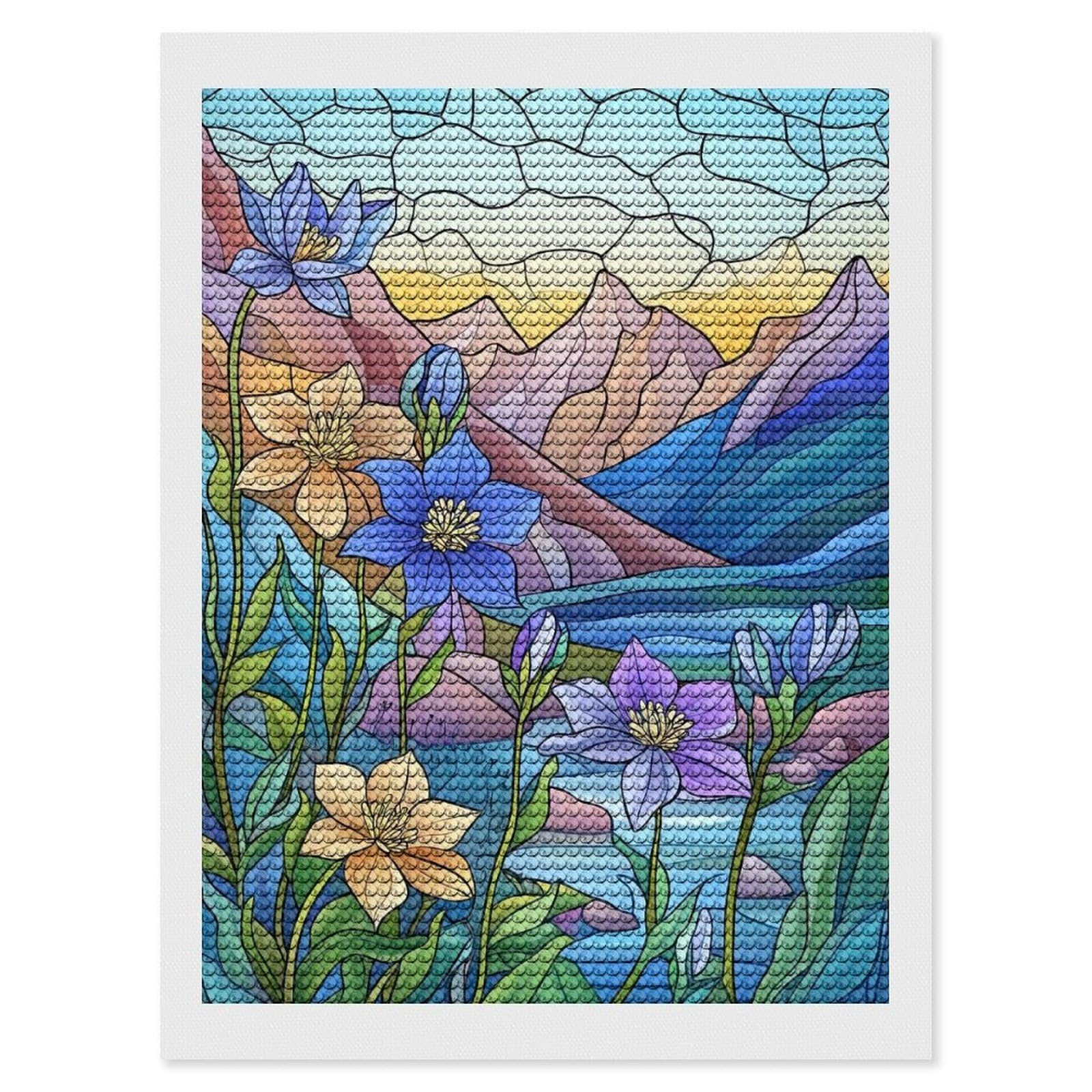 Junmoney Mountain Flowers Stained Glass Round Drill Diamond Painting 12"x16", for Adults, Creative Leisure Activity, Office Decor, Holiday Gift Idea