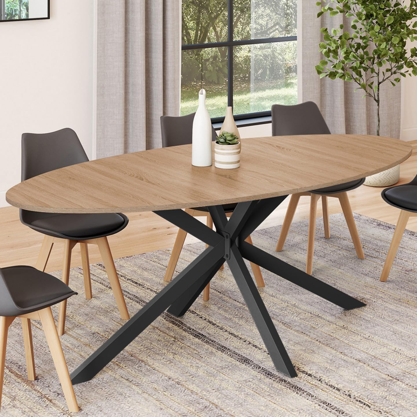 IDMarket - Ovaler Esstisch ALIX 10 Personen Spinnenfuß Holz und Schwarz 200 cm