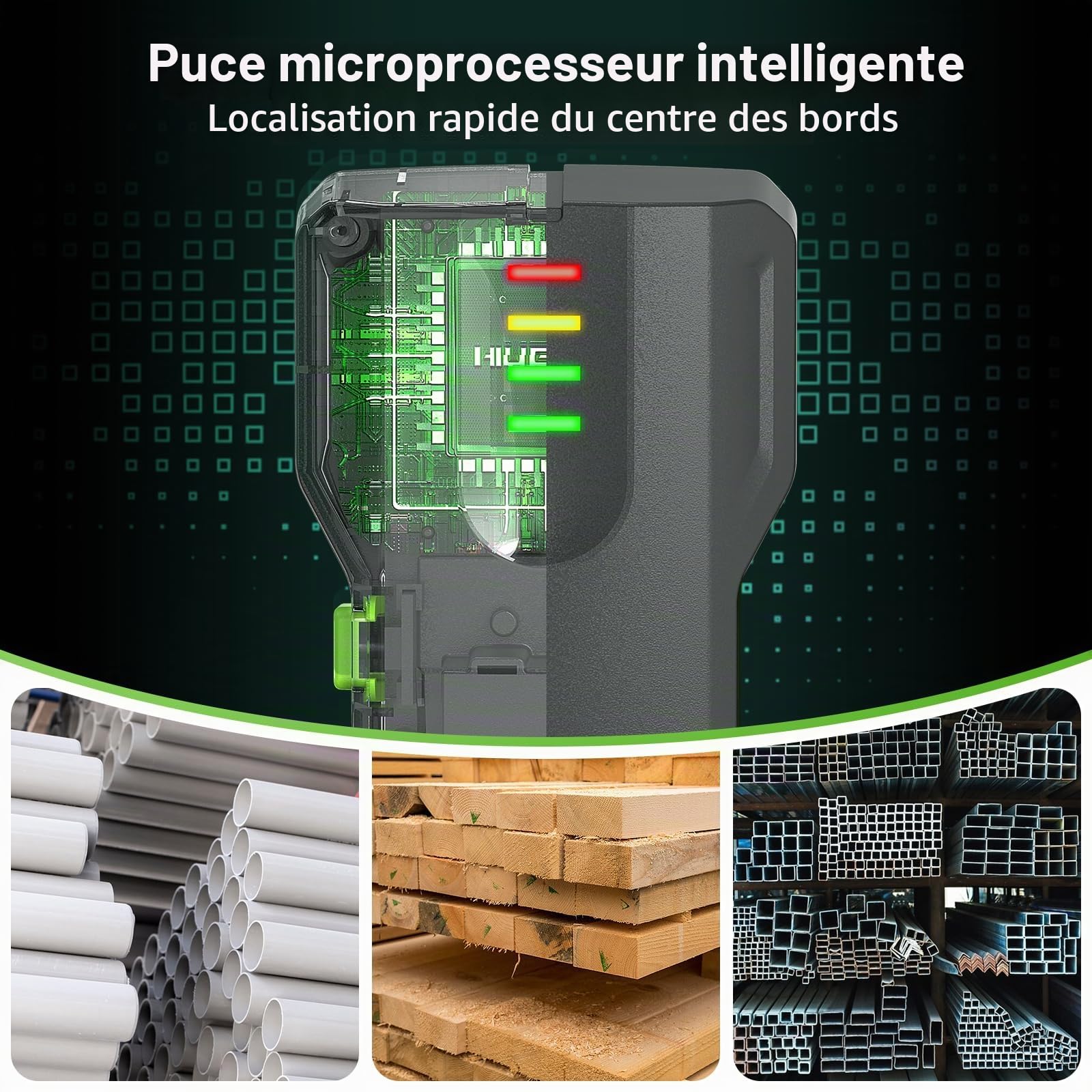 Détecteur Mural 4-en-1 Huepar– détecte Bois, métal, tuyaux PVC et matériaux Non métalliques, avec Voyant LCD 4 Niveaux et Buzzer WS02