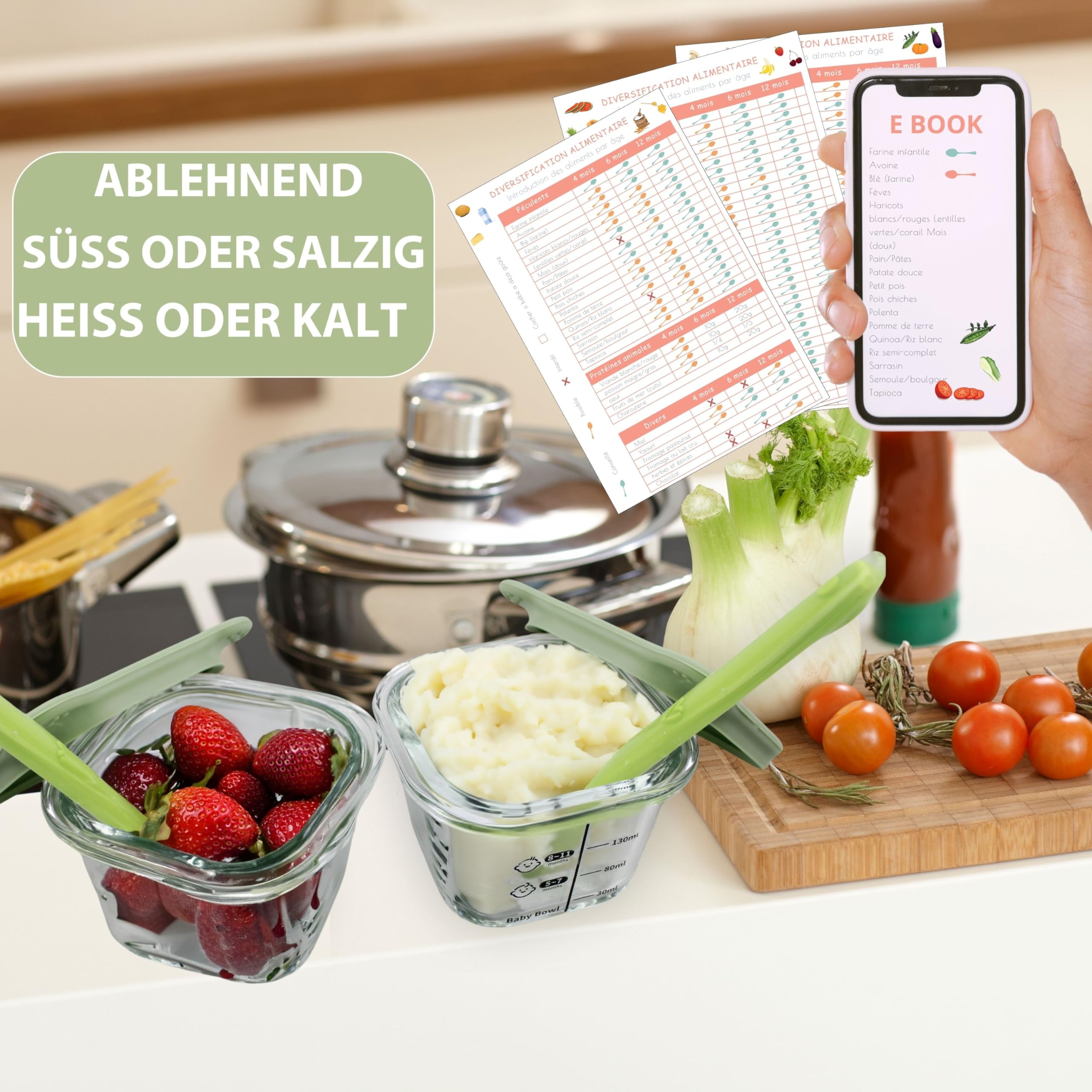 HELLO HIPPO® Set mit 6 Babygläsern à 180 ml – Ideal für Kompotte, Pürees und Früchte, luftdicht und praktisch mit Messskala, inklusive Löffel – Perfekt für Babynahrung