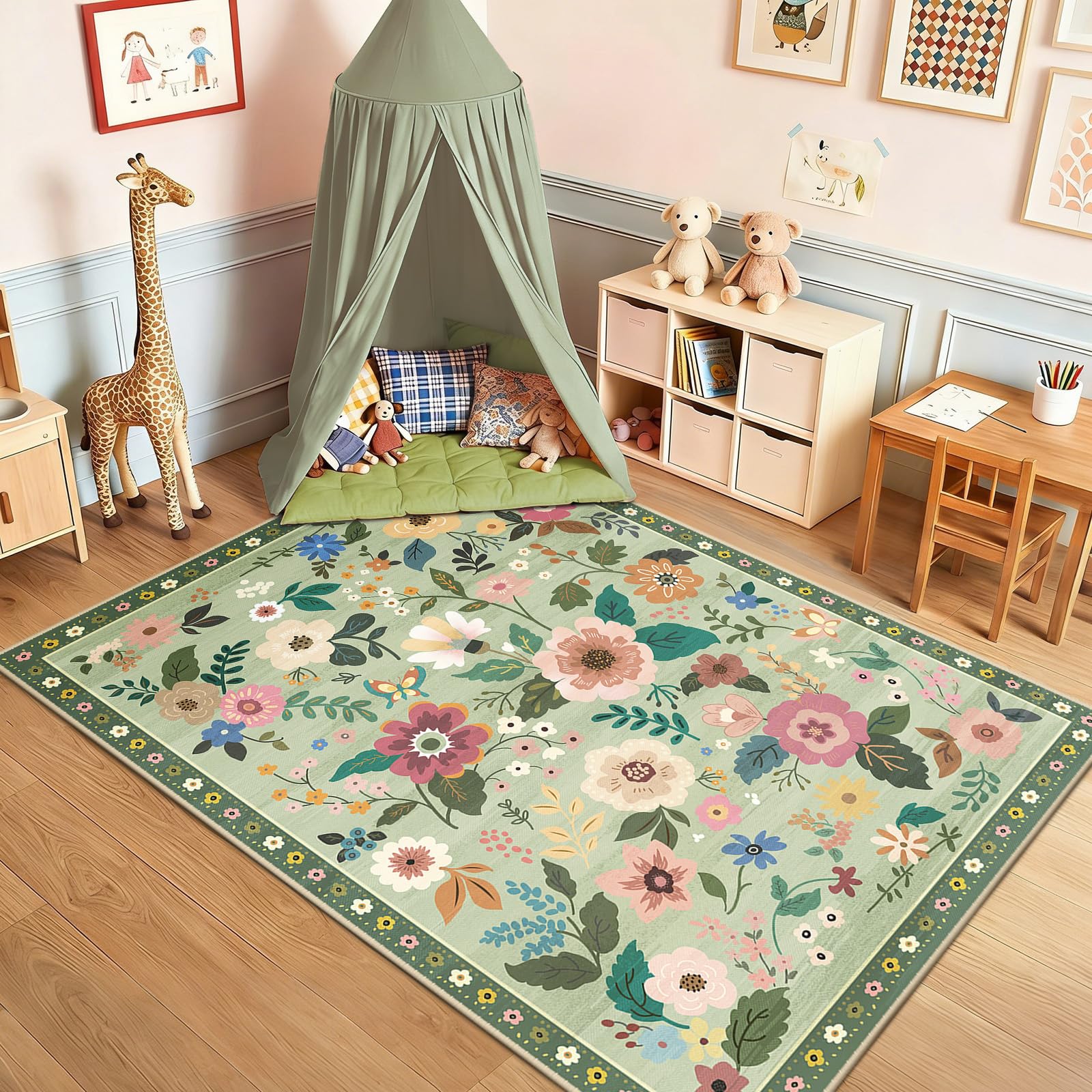 DEFYNEE Machine Washable Rugs Living Room, 120×180cm Floral Rug, Non-Slip Low Pile Boho Vintage Floral Carpet with Printed Design for Living Room, Bedroom, Kitchen, Entryway, Lounge, Light Green