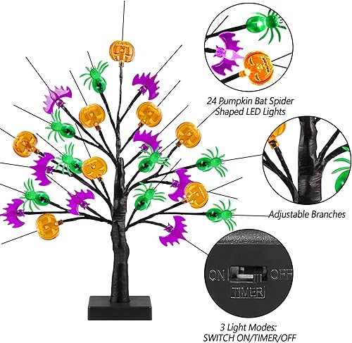 Miniatura 4 de Temporizador Decoración de Halloween de 18 pulgadas, árbol de Halloween negro con 24 luces LED de calabaza, murciélago, araña, funciona