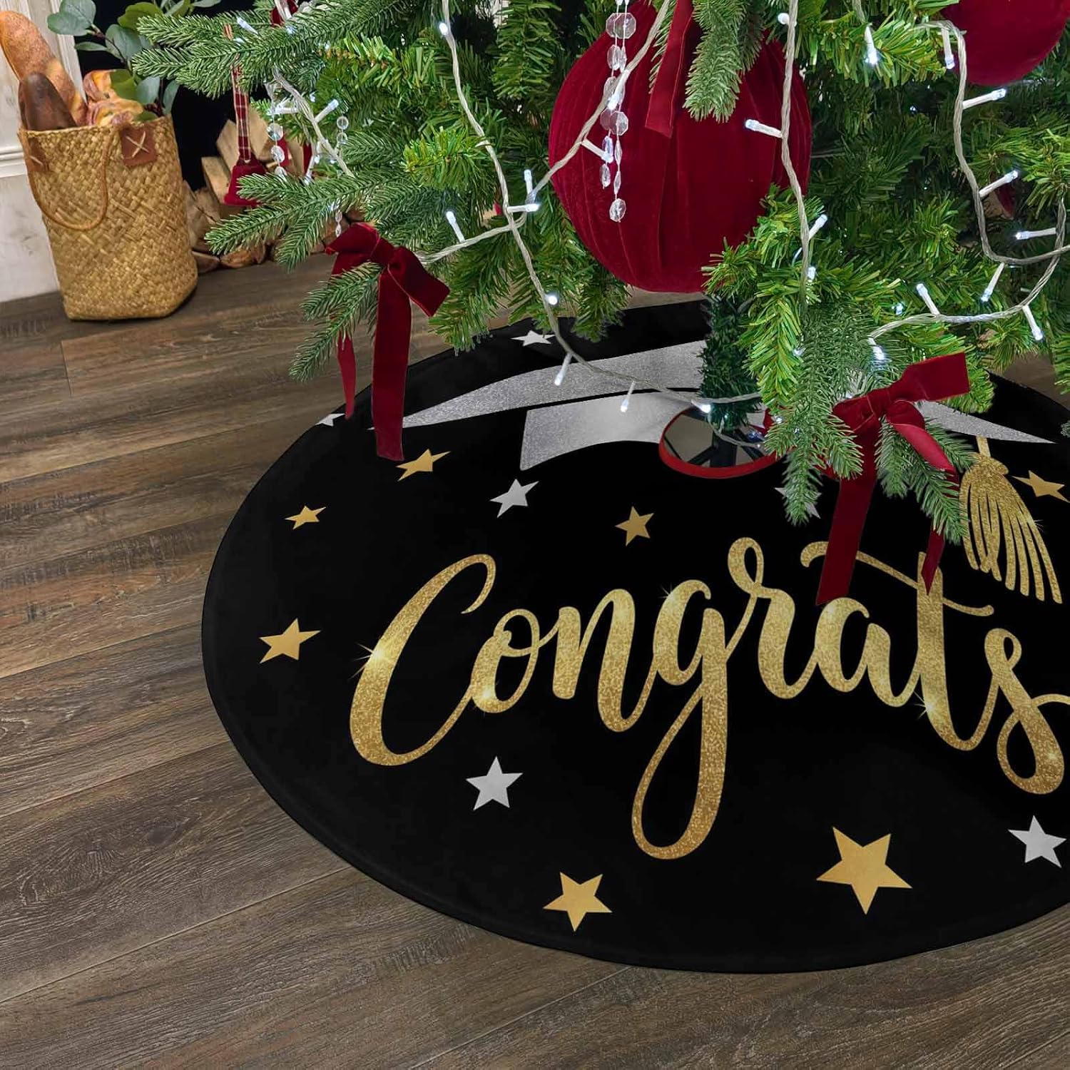 Christmas Tree Skirt 48 Inches Large Christmas Skirt Tree, Graduation Cap Tree Skirt Christmas Decorations for Fireplace Party Holidays Indoor Outdoor Star Black Gold Grey