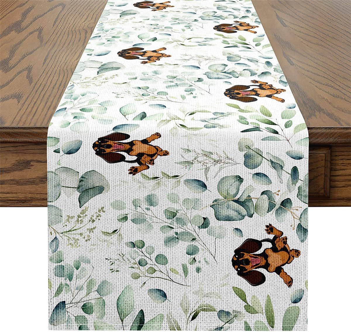 Erosebridal Girls Kawaii Animal Table Runner 13X120,Cute Dachshund Table Runners,Kids Cartoon Dog Rectangular Runner,Green Botanical Leaf Dresser Runners for Dining Living Room Bedroom