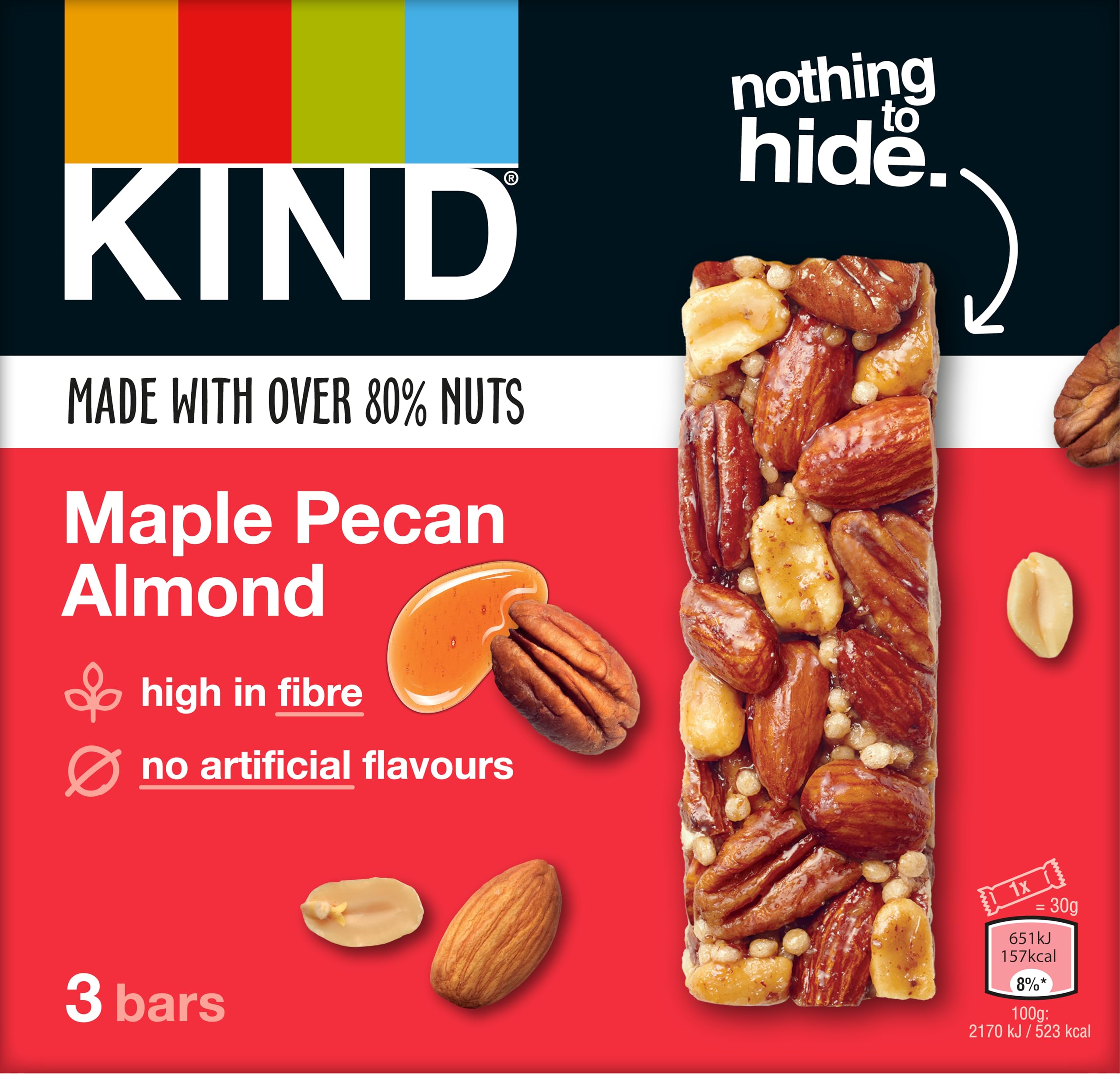 Bars, Gluten Free Snack Bars, Maple Pecan Almond, High Fibre, Healthy Snack, No Artificial Colours, Flavours or Preservatives, Multipack 3 x 30g