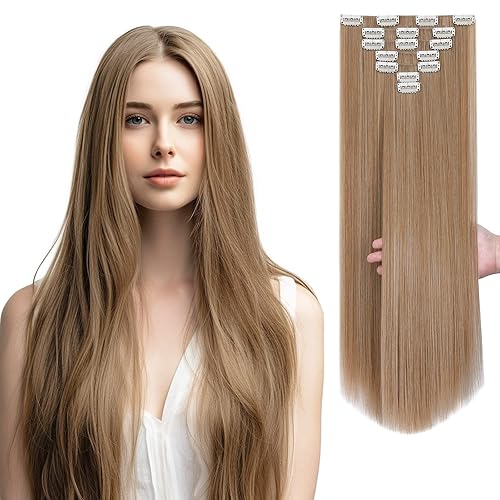 Extensiones rubias, extensiones de cabello con clip para mujer, suaves y naturales, largas, lacias, postizos sintéticos de 22 pulgadas y 5 onzas de