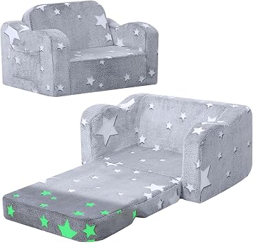 MeMoreCool Glowing Star Kids Chair, 2-in-1 Foldable Kids Couch with Glow-in-the-Dark Star Design, Soft Foam Fold Out Lounger for Playroom and Reading, Washable Cover, Gift for Boys and Girls | Relaxing, Gift