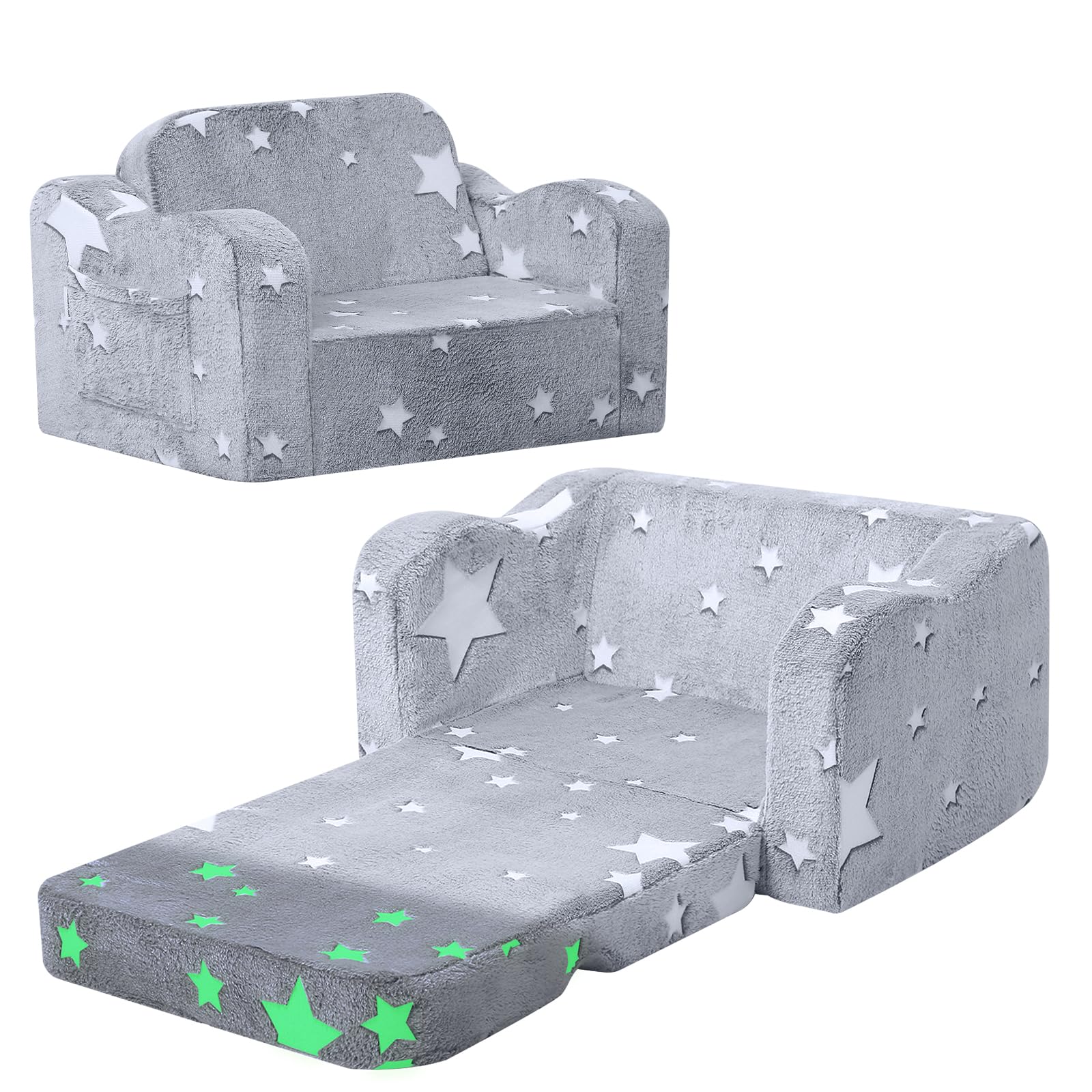 MeMoreCool Glowing Star Kids Chair, 2-in-1 Foldable Kids Couch with Glow-in-the-Dark Star Design, Soft Foam Fold Out Lounger for Playroom and Reading,