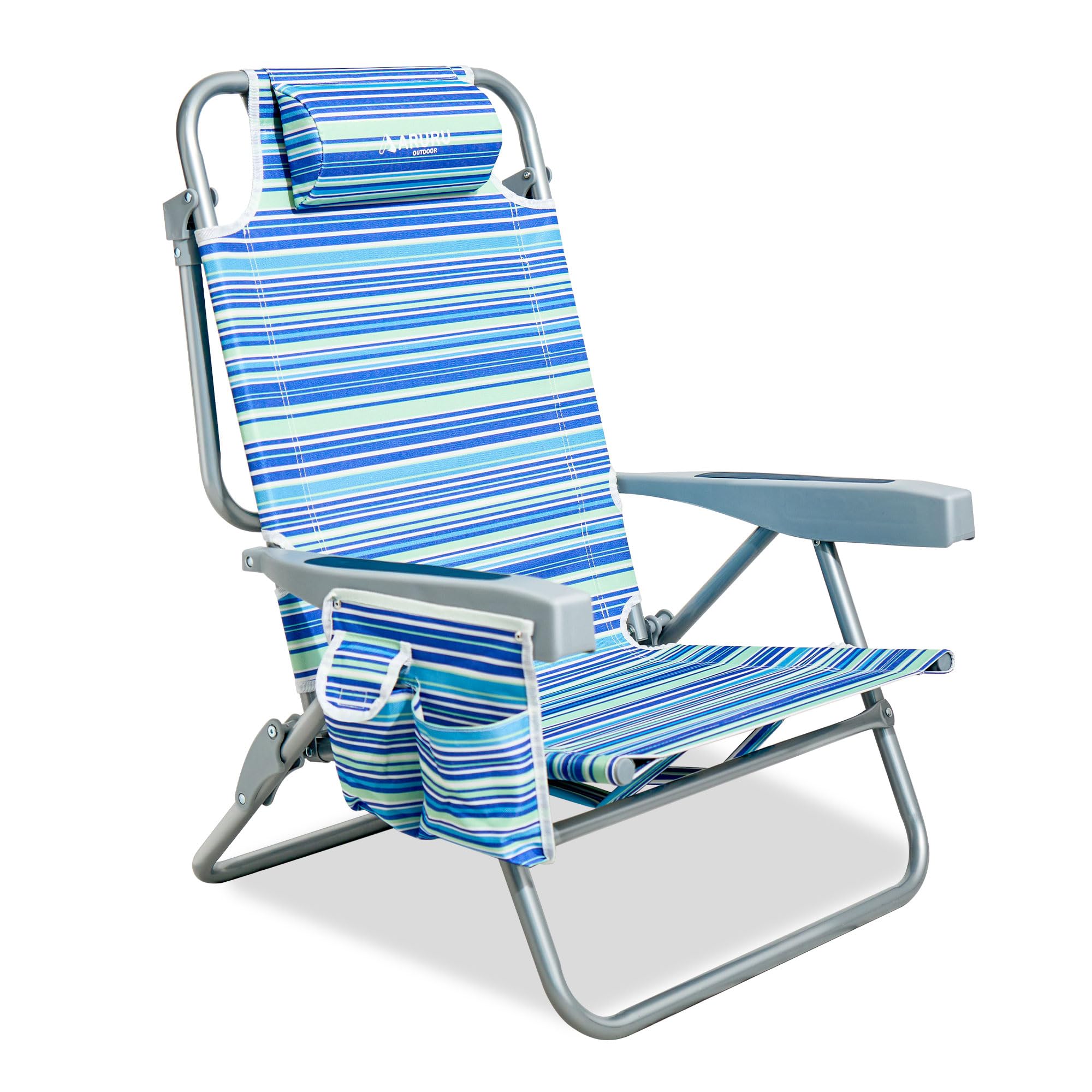 ARURU Backpack Beach Chairs for Adults, Low Reclining Beach Chair, Portable Camping Chair Lightweight with Headrest, 5-Position Flat Adjustable, Cooler Bag, Drink Holder, Camping Lounger — image 1