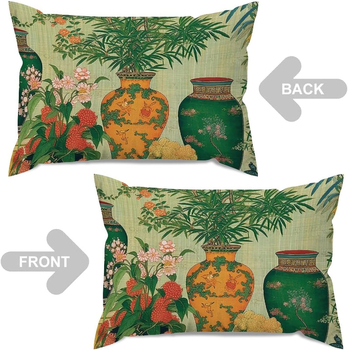 Set of 2 Rectangular Throw Pillow Cover Ming Vase Green Chinoiserie Throw Pillow Case Dynasty 20x30in Decorative Pillow Home Cotton Linen Rustic Square Cushion Cover for Bedroom Chair Couch