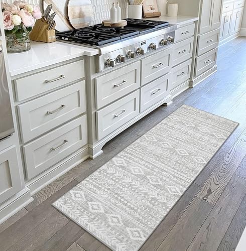 Miniatura 3 de Lahome Alfombra marroquí lavable de 2 x 6 pies, color gris, bohemio, para cocina, pasillo, pasillo, antideslizante, de pelo bajo, suave, geométrica,