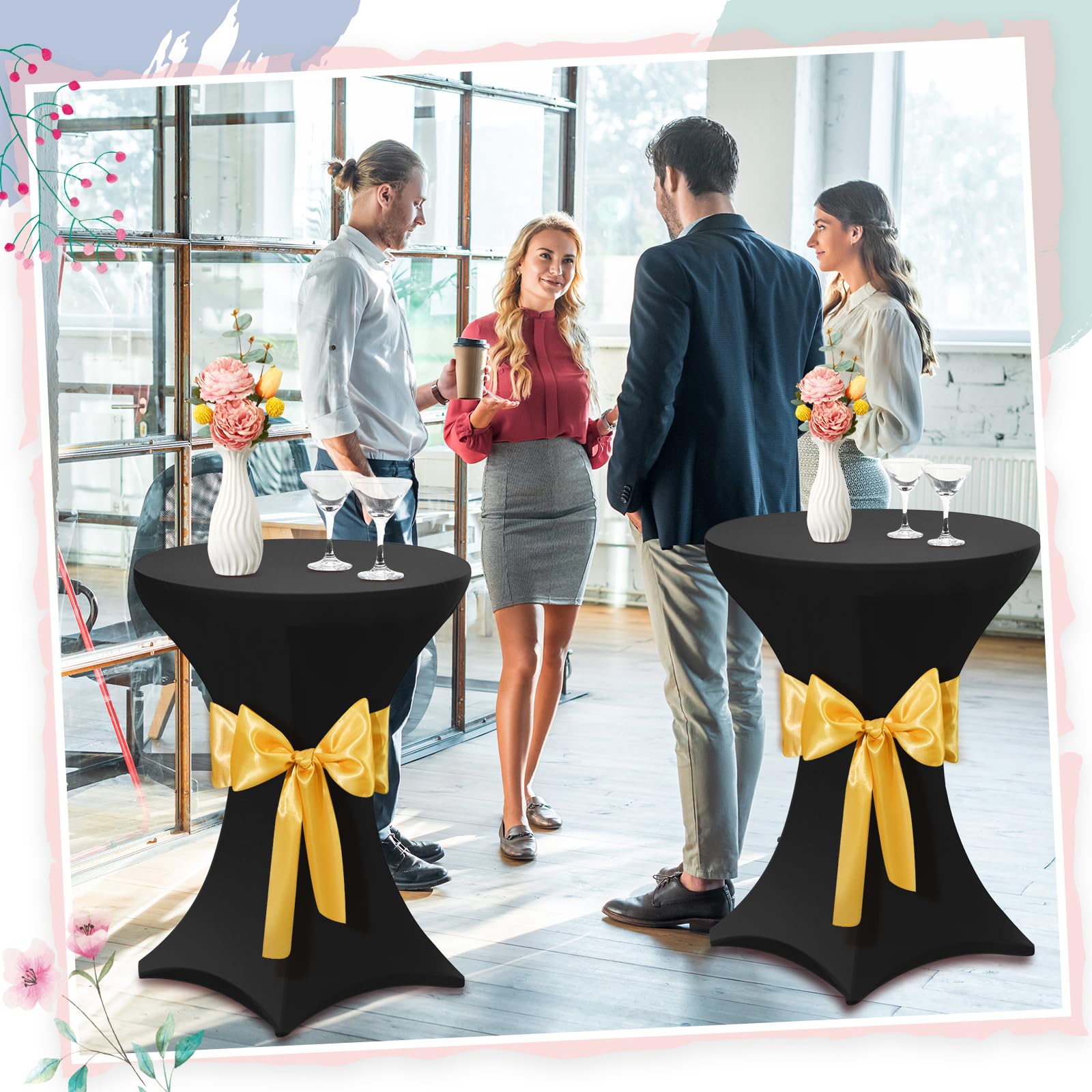 VitalCozy 6 manteles de elastano para mesa de cóctel de 81 x 109 cm con 6 bandas, ajustables, elásticos, manteles de cóctel de parte superior alta, decoración para bodas, cumpleaños, banquetes,