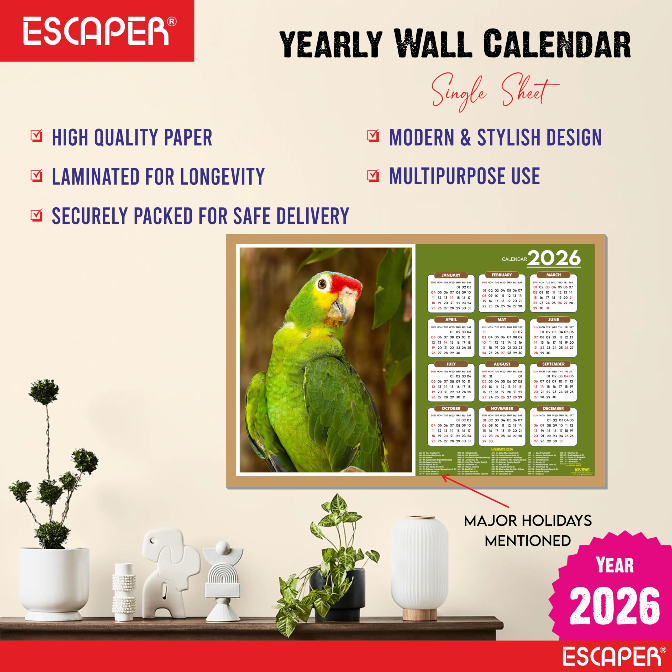 ESCAPER Calendario de pared 2026 con temática de pájaros lindos, 45 x 30 cm, loros verdes, decoración de habitación infantil, calendario colgante para el hogar y regalo