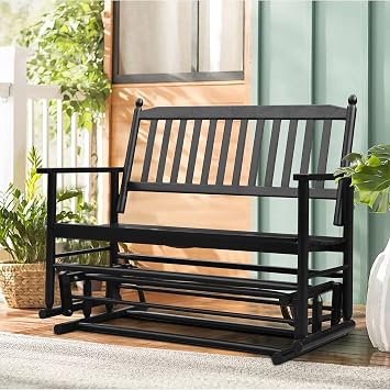 Patio Glider Bench Outdoor, Porch Swing Glider for Outside, Wooden 2-Person Loveseat Rocking Bench Funiture, Black Gliders