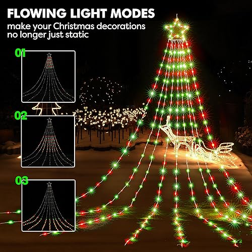 Miniatura 9 de BlcTec Decoraciones de Navidad al aire libre, 317 luces LED de Navidad con 9 hebras de luces de cascada de 11.9 pies, 8 modos, impermeable, estrella