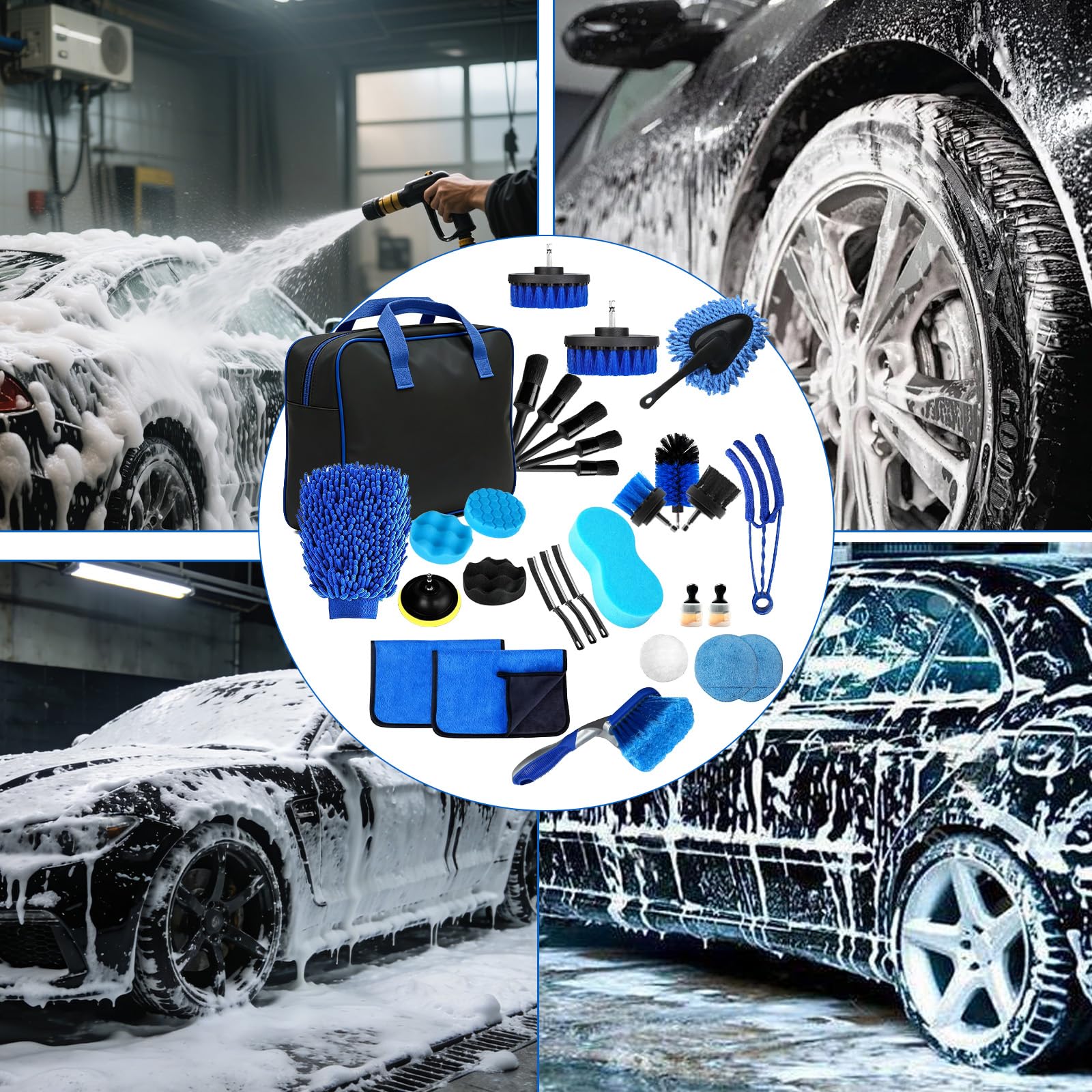 Kit Nettoyage Voiture, 31 Pièces Kit de Brosse Nettoyage Voiture pour L'intérieur et L'extérieur, avec Brosse, Éponges de Polissage et Plus, pour Fentes de Ventilation, Roues, Surfaces