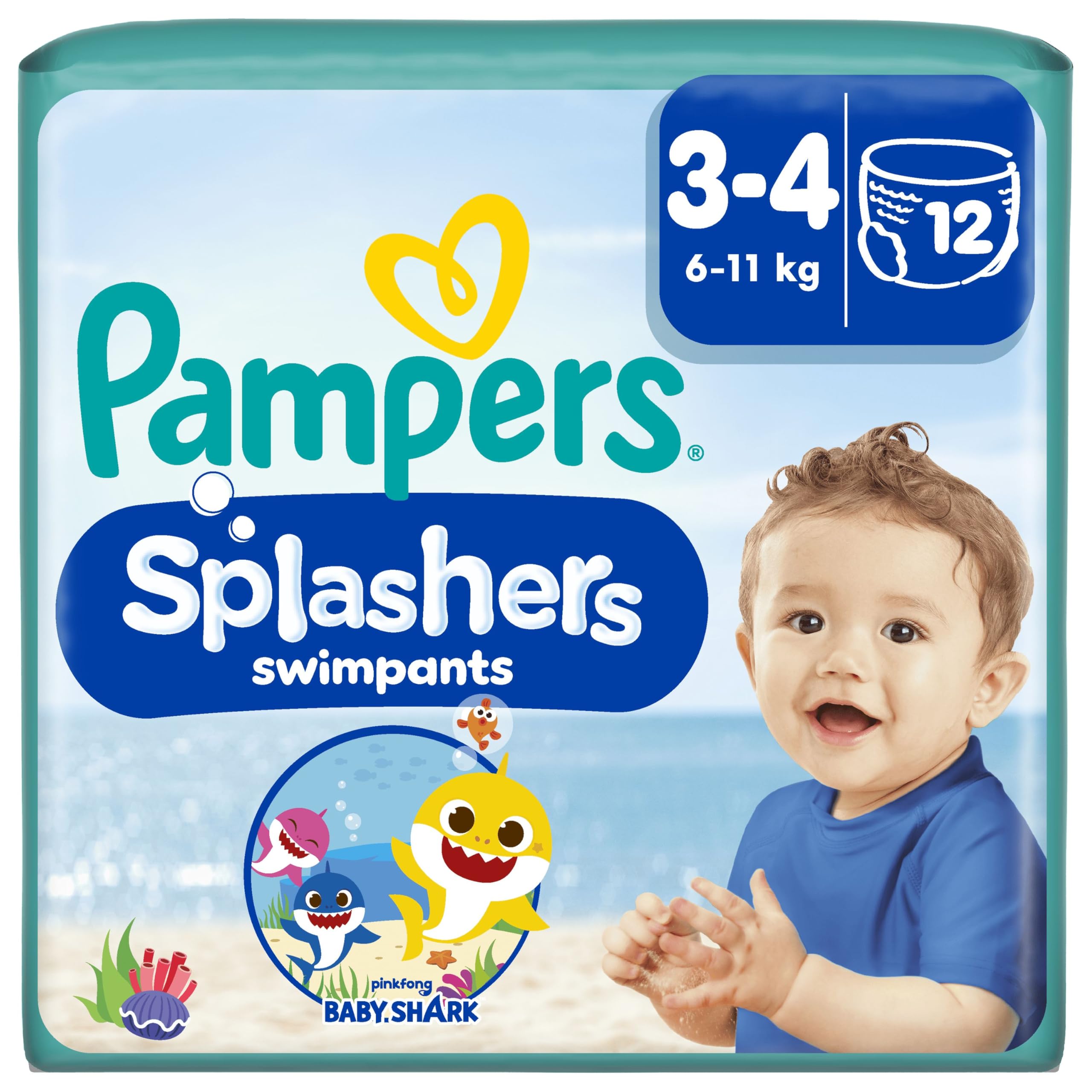 Pampers Splashers Baby Shark, 3, 12 Jednorazowe pieluchomajtki do pływania 6kg-11kg