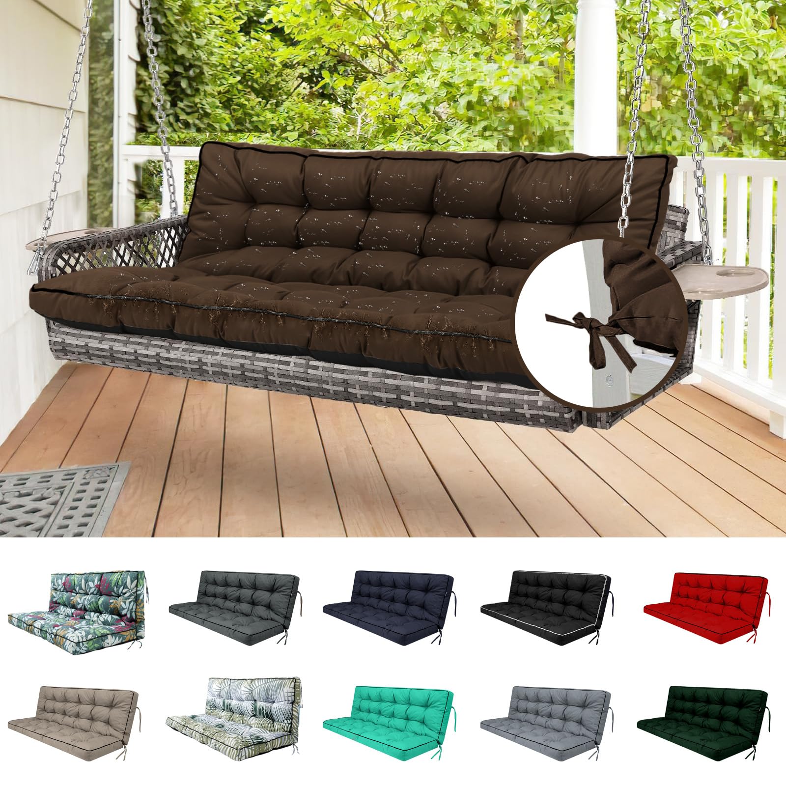 YQNUCO Outdoor Swing Cushions, Waterproof Porch Swing Cushions 3 Seater Replacement with Backrest, 4" Thicken Bench Cushion with Ties for Backyard,
