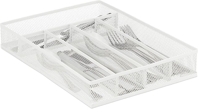 Relaxdays Metal Cutlery Tray, 5 Compartments, Mesh Design, 5.5 x 23.5 x 32 cm, Kitchen Drawer Insert, Organiser, White