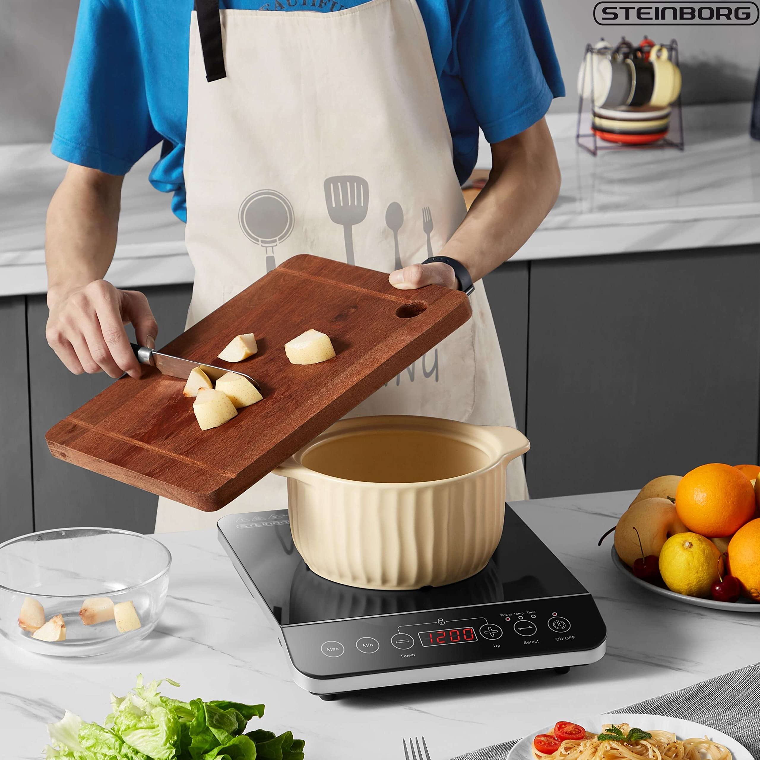 Steinborg Plaque de cuisson à induction 1 plaque Plaque de cuisson électrique Plaque de cuisson à induction 2000 W Panneau de commande tactile Verrouillage pour enfants Protection contre la surchauffe