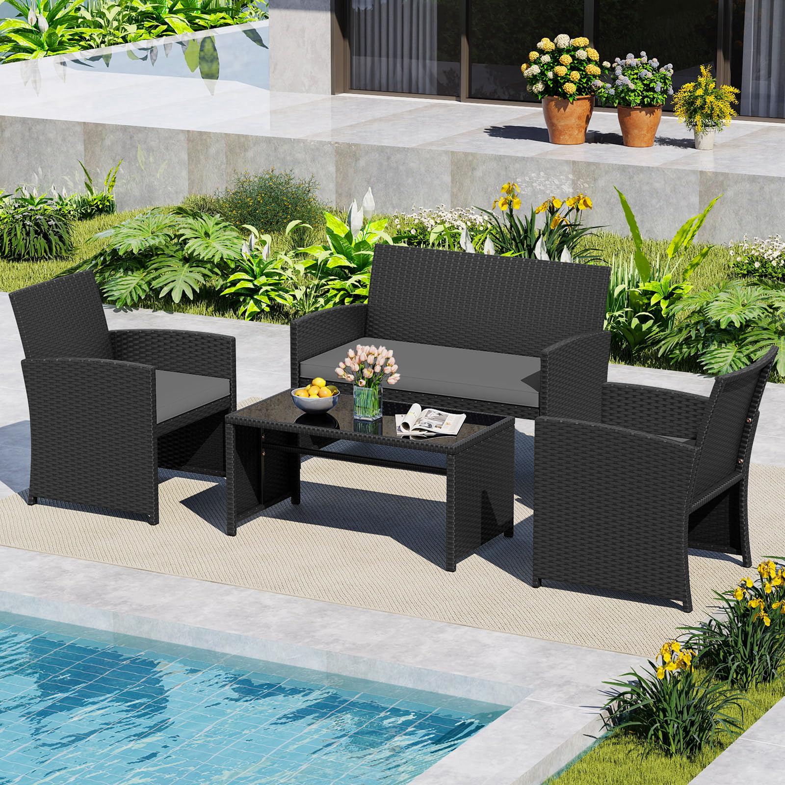 COSTWAY Set Salotto da Giardino 4 Pezzi, Divanetto e Poltrone in Rattan con Tavolino da Caffè in Vetro Temperato, Grigio