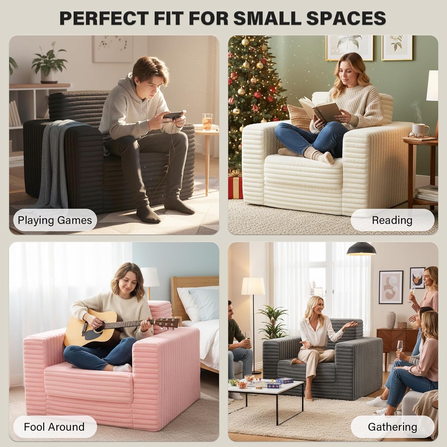 Welnow Folding Sofa Bed with Ottoman, Convertible 2-in-1 Boneless Couch Futon Lounge Chair Bed for Adults, Comfy Fold Out Sleeper Sofa for Small Spaces, Living Room, Bedroom, or Dorm, Dark Grey