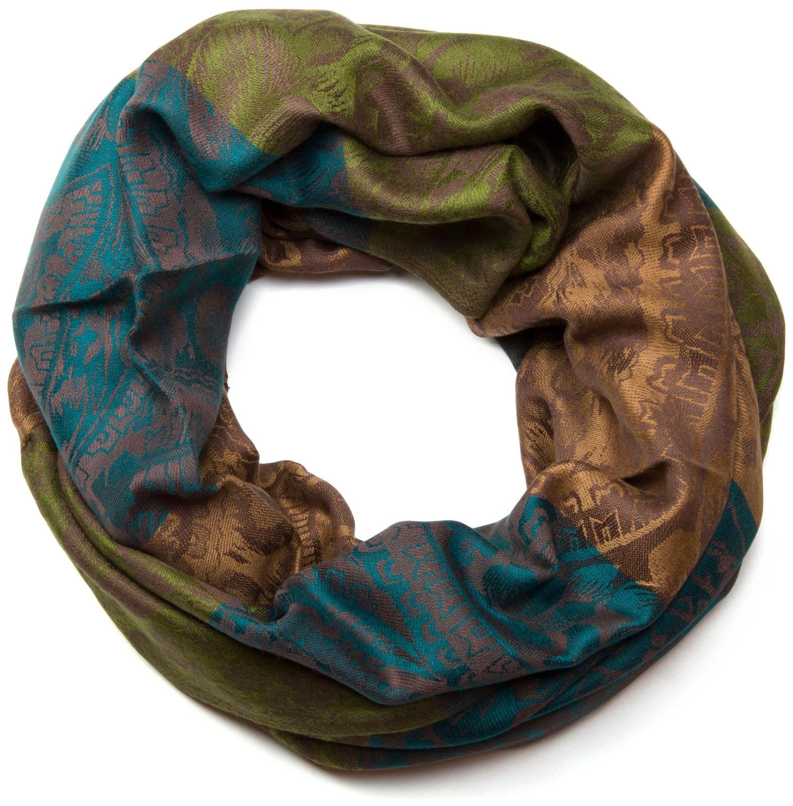 styleBREAKER flowers, hibiscus blossoms, paisley pattern, tube scarf, warm and soft quality, shawl, women 01018058, Colour:Green-Petrol-Light Brown