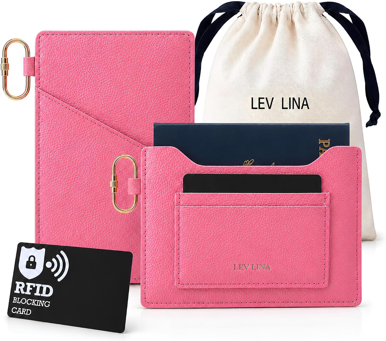 Passport Holder for Travel RFID Blocking Slim Leather Passport Wallet & Passport Book Cover Case with Gold Tone Screw Carabiner and Gift Pouch, Airport Essentials(pink)