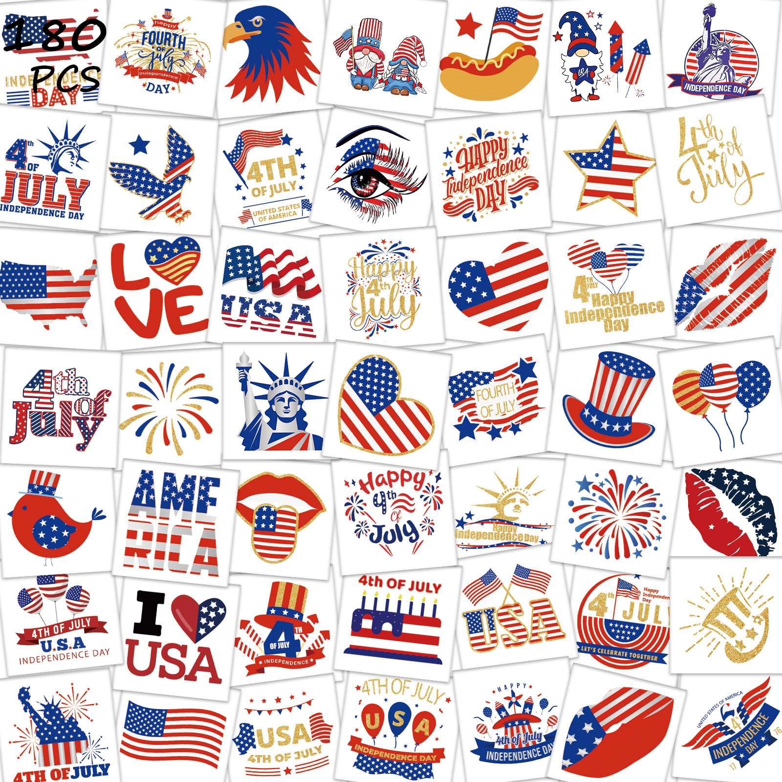 4th of July Tattoos for Kids - 180Pcs Fourth of July Tattoos Temporary Individual, USA American Flag Patriotic Red White and Blue Independence/