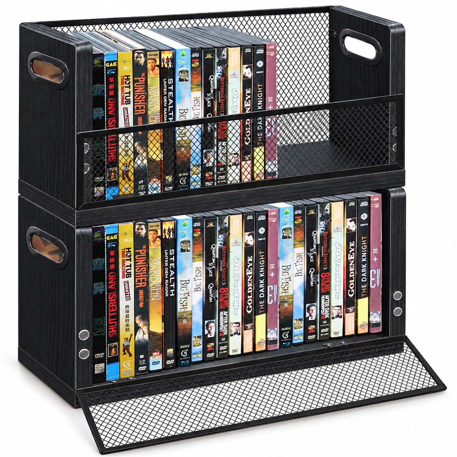 DVD Storage Rack 2 Pack, Stackable Media Organizer Holds 56 DVDs or 64 Blu ray Cases, Shelf with Magnetic Door for Video Games and CDs, VHS Tapes