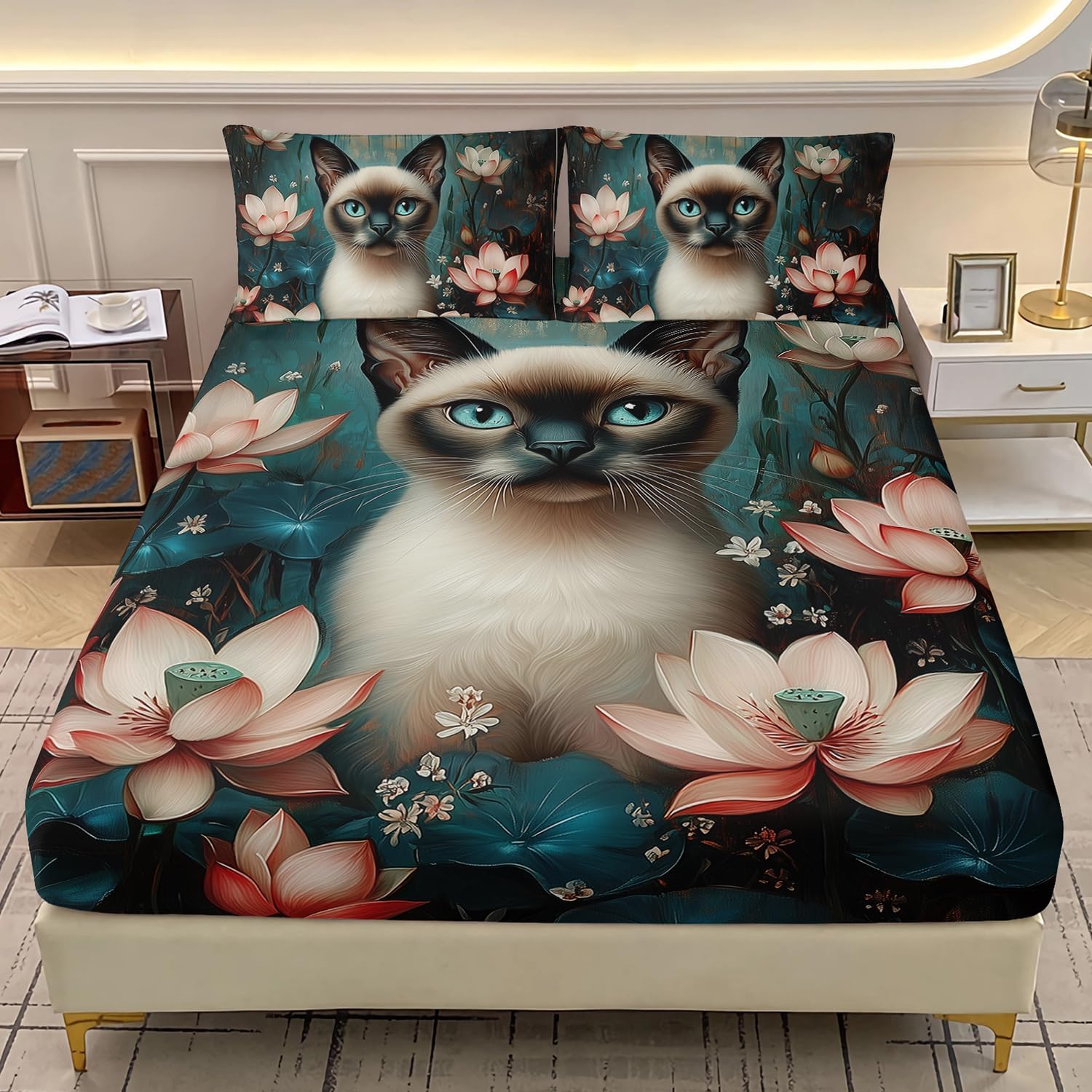 AILONEN Cartoon Cat Fitted Sheet Set for Kids Queen Size,3Pcs Kawaii Siamese Cat Bed Sheet Set Decor,Mysterious Kitten Cat Lotus Flower Animal Themed Boys Girls Fitted Sheet with 2 Pillowcases