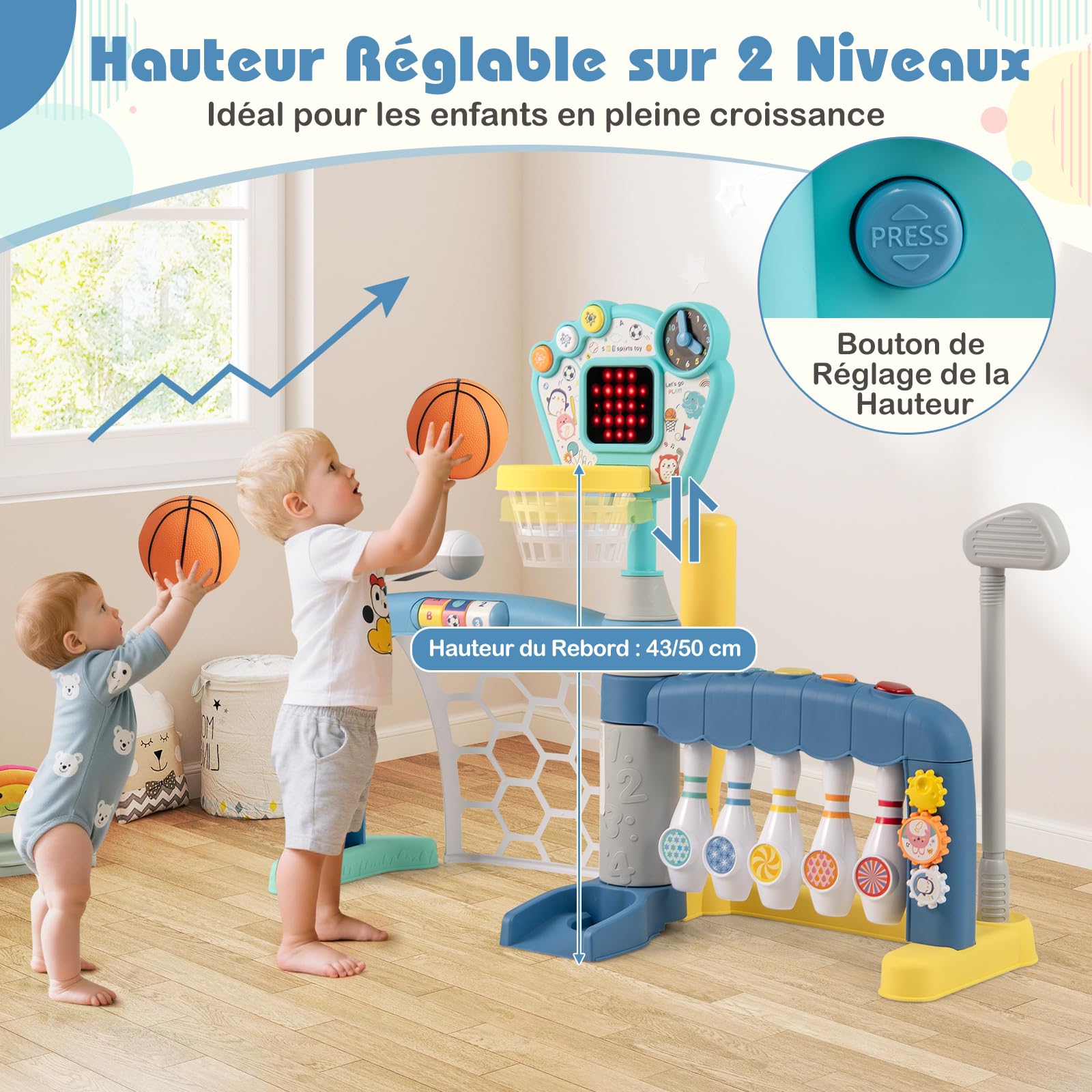 COSTWAY Jouet Sportif 5 en 1 Enfant avec Panier de Basketball & Football & Golf & Bowling & Baseball, Centre d'Activités avec Lumières & Musique & Score LED, Horloge et Cartes pour 18 Mois+