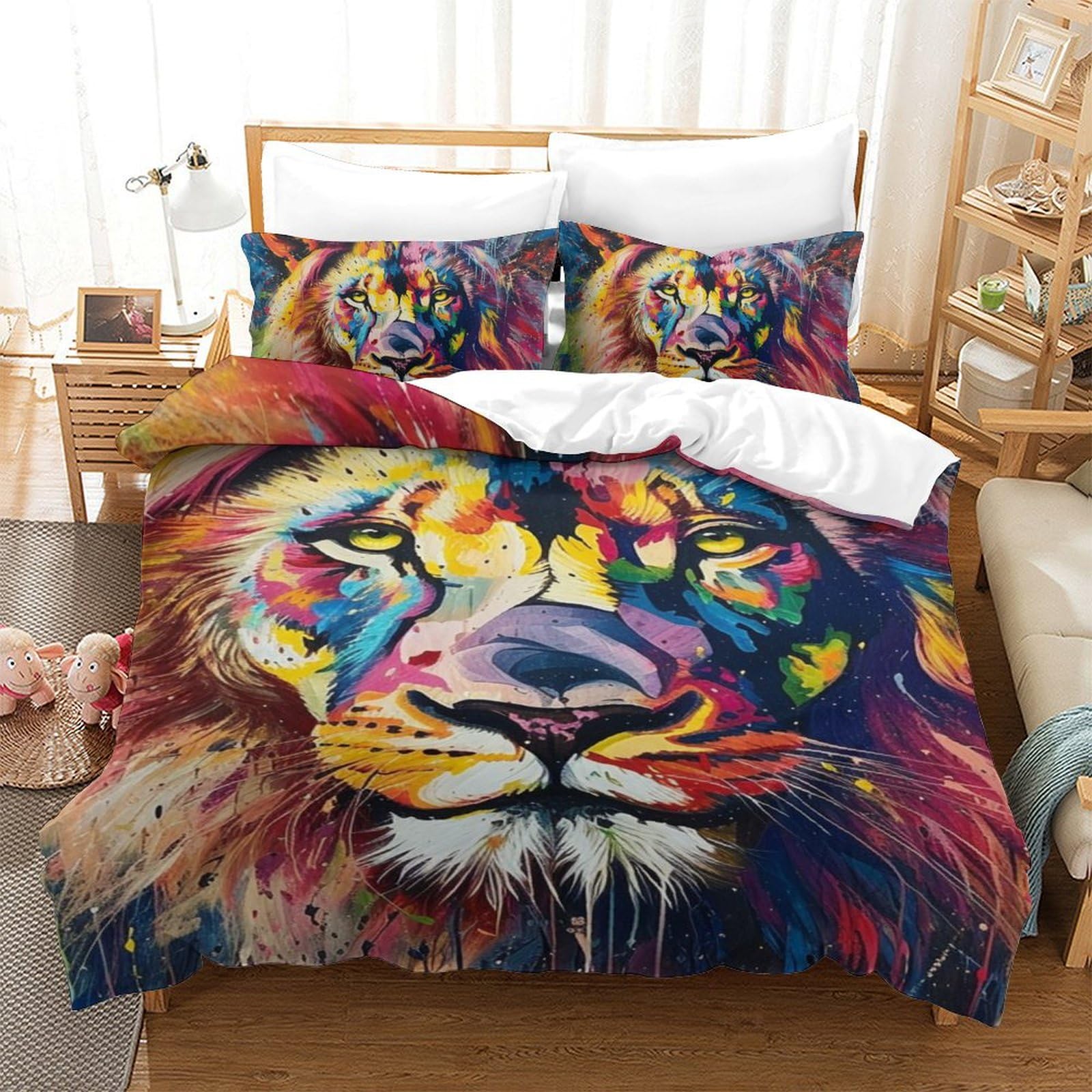 Bedding Duvet Cover Set Lion Microfibre Comforter Cover 3D Print Quilt Cover with 3 Piece Set Pillowcases for Children, Adults Single（140x200cm）