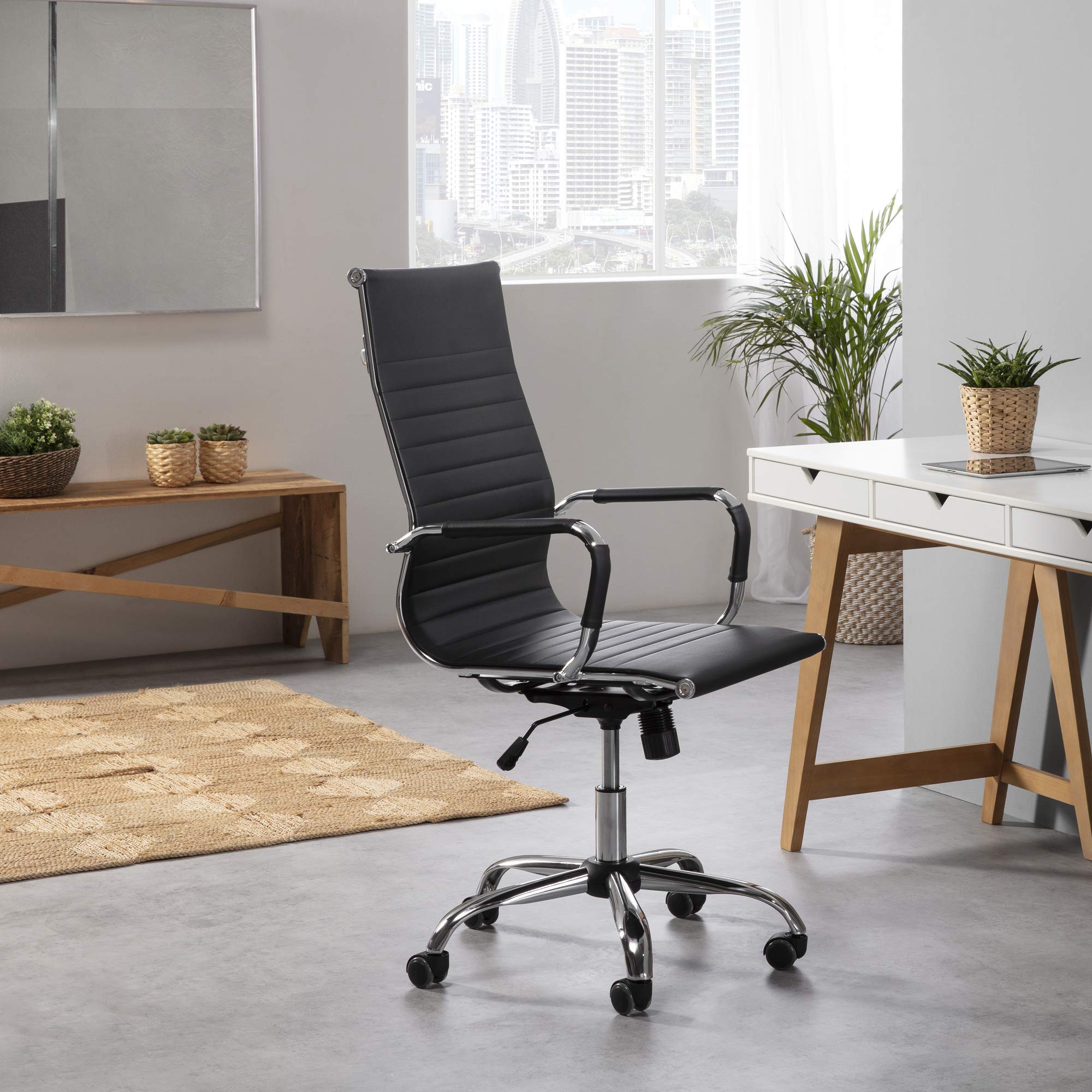 VS Venta-stock Sillón de Oficina Londres reclinable Negro, Piel sintética, Silla ejecutiva con reposacabezas y conjín engrosados, Altura Ajustable, Diseño ergonómico