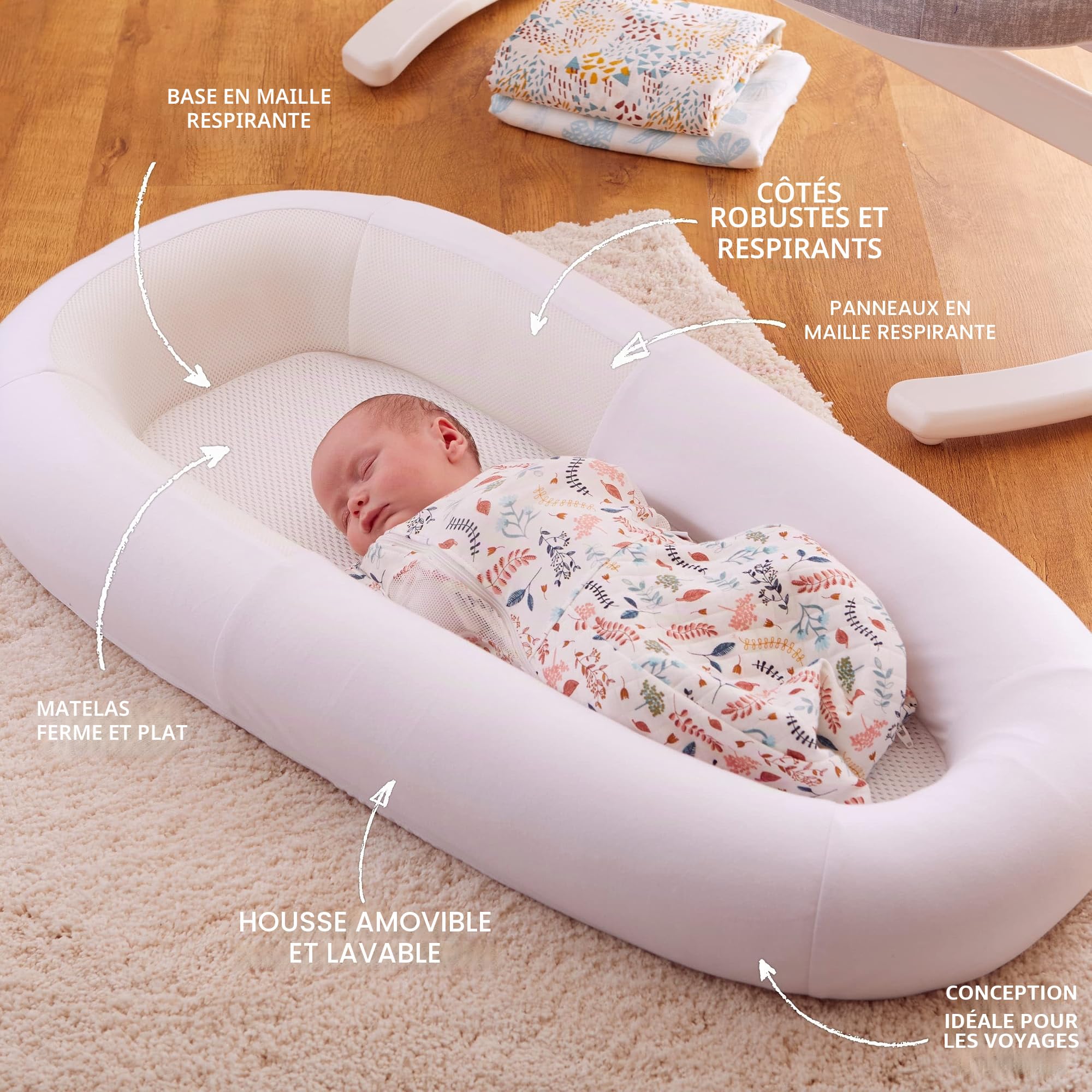 PurFlo Sleep Tight Lit bébé | Sans danger pour dormir la nuit | Alternative au nid de bébé entièrement respirant | Essentiels pour nouveau-né | 0-8 m Blanc doux