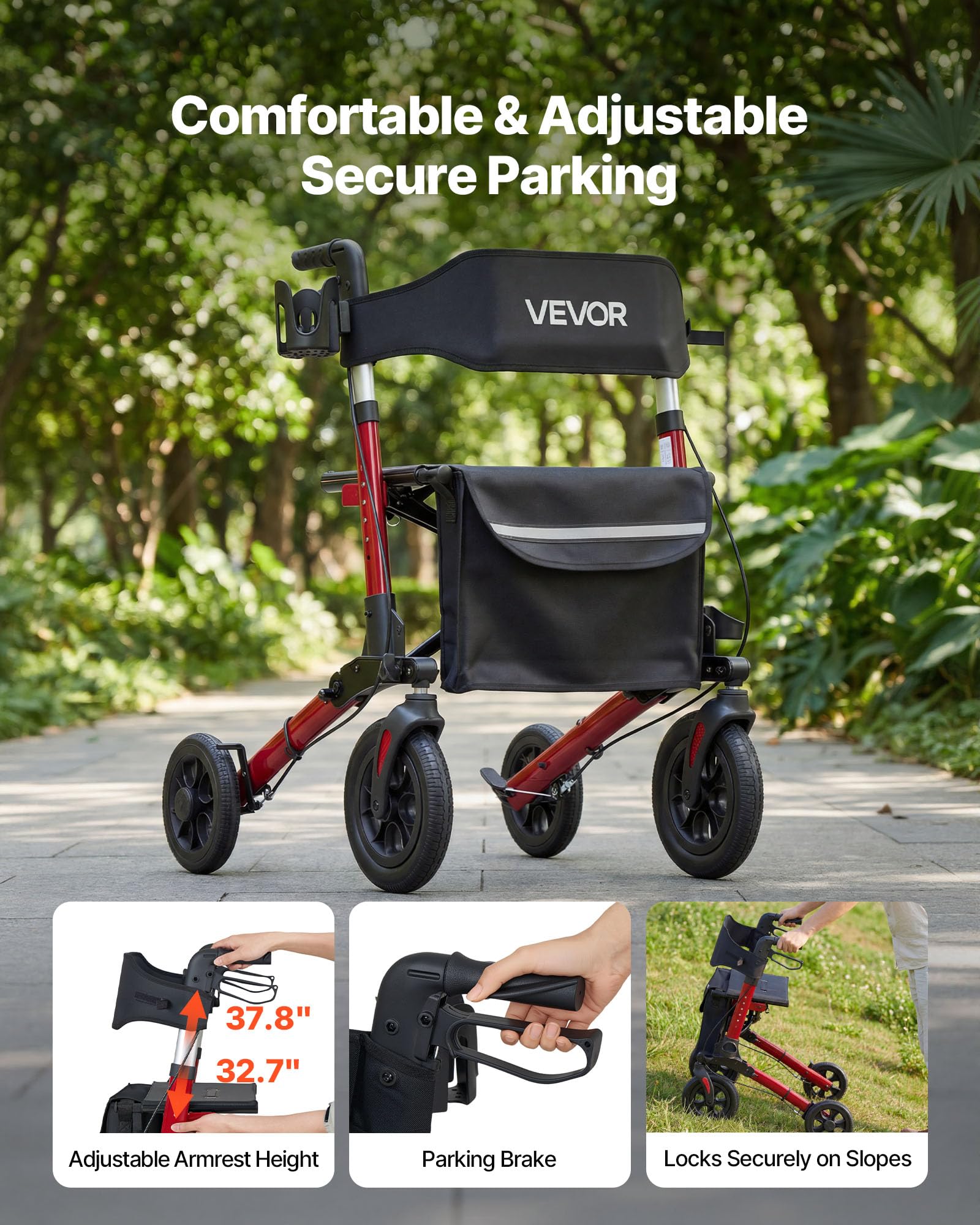 VEVOR Deambulatore con Sedile Carico Max 136 kg per Sostegno Camminata, Deambulatore Pieghevole in 3, Ausilio Struttura in Alluminio con Ruote Maniglia Regolabile e Porta Bastone, per Anziani Disabili
