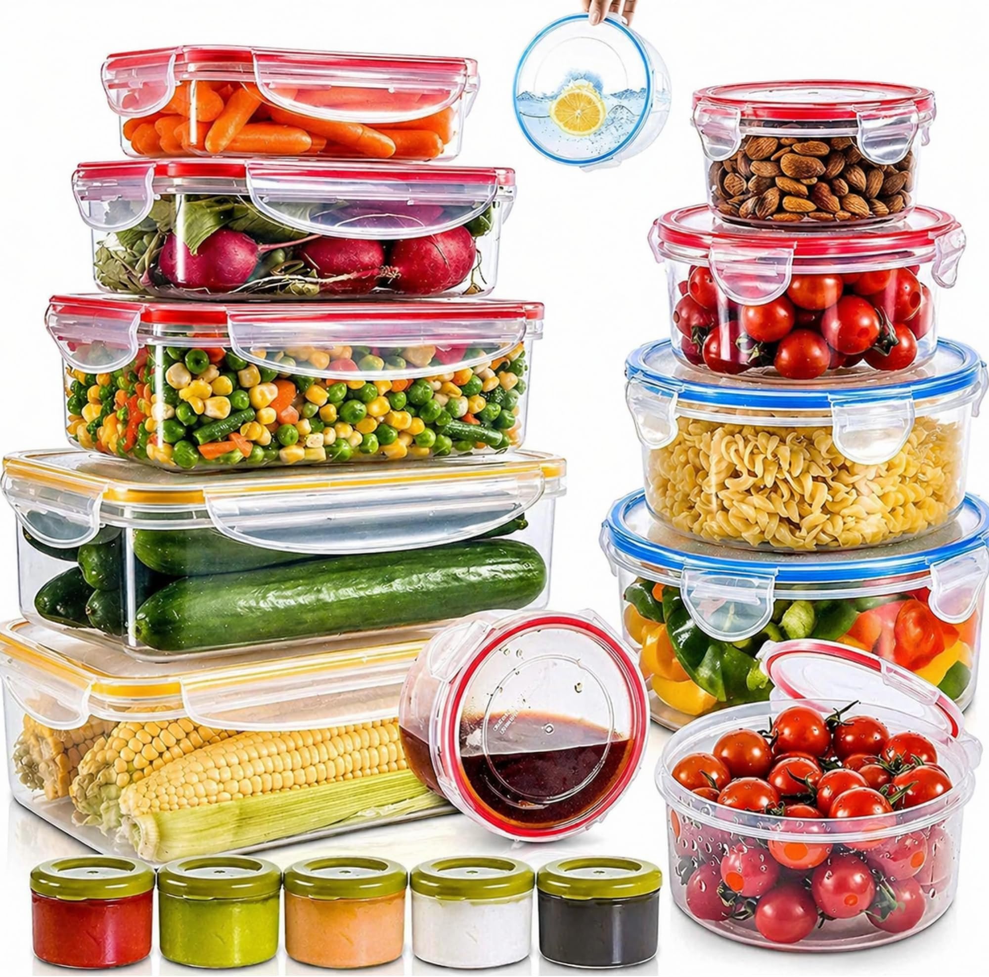RFAQK 28 Pcs Food Storage Containers with Airtight Lids-(85OZ to 1.2OZ) 14 Clear Plastic Containers with 14 Lids-Large Meal Prep Fruits Containers for Kitchen-Freezer,Microwave and Dishwasher Safe