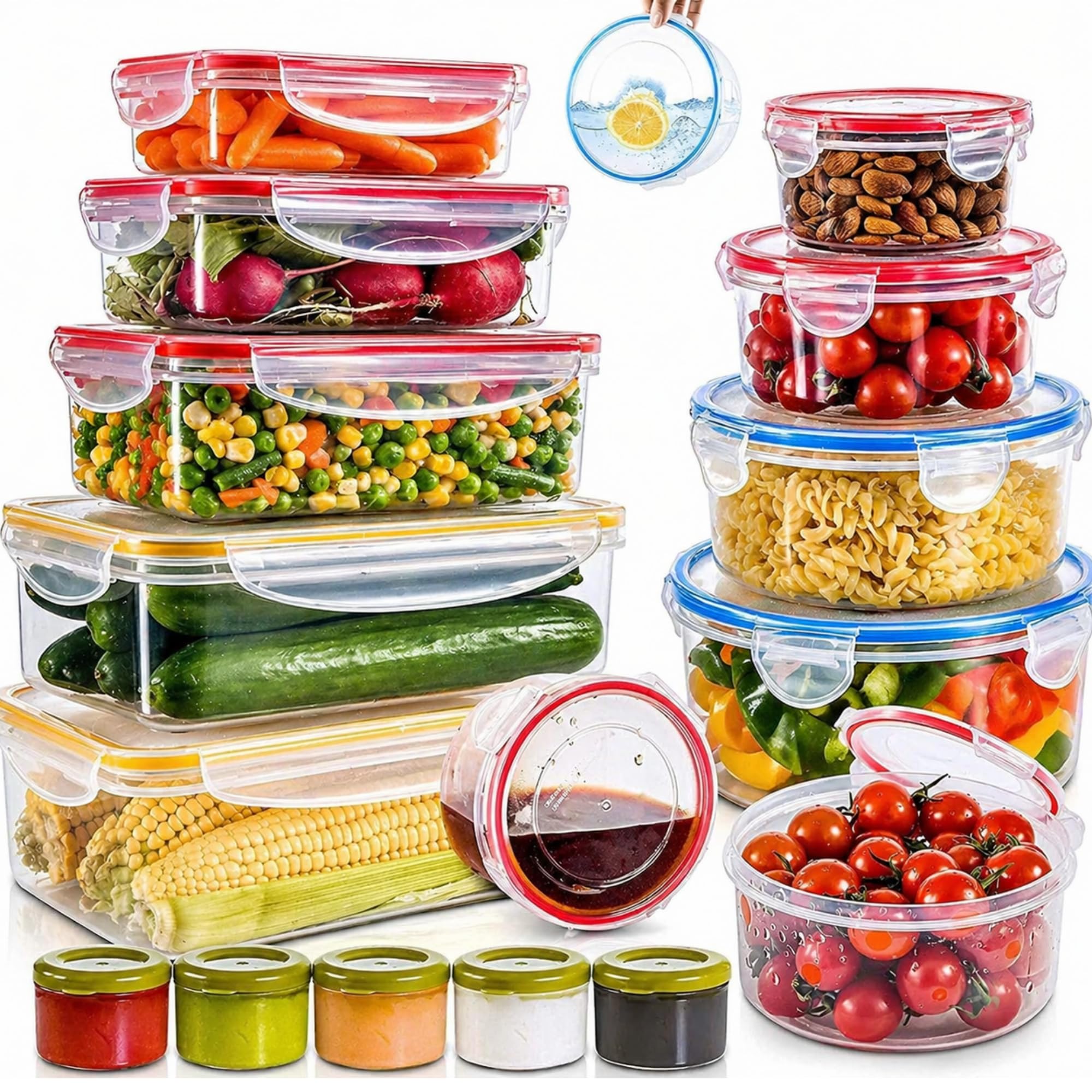 RFAQK Frischhaltedosen mit luftdichten Deckeln (2,5 l bis 34 ml), 14 transparente Kunststoffbehälter mit 14 Deckeln, große Mahlzeiten-Vorbereitung, Obstbehälter für Küche, Gefrierschrank, mikrowellen-