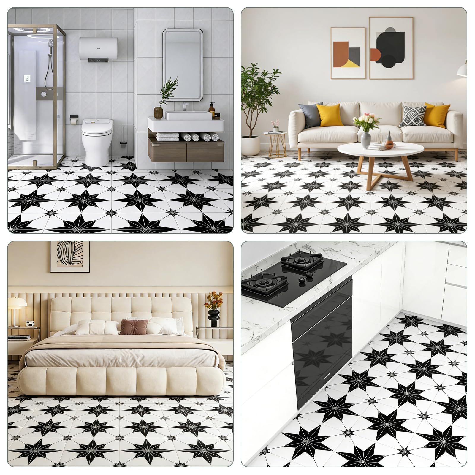 CYEER 20er Set Vinylboden Selbstklebend – 30x30 cm PVC Bodenfliesen (1,8 m²) – Schwarzes Sternmuster mit weißen Linien auf Weiß Wasserfester Bodenbelag für Küche & Bad – Mietwohnung Freundlich
