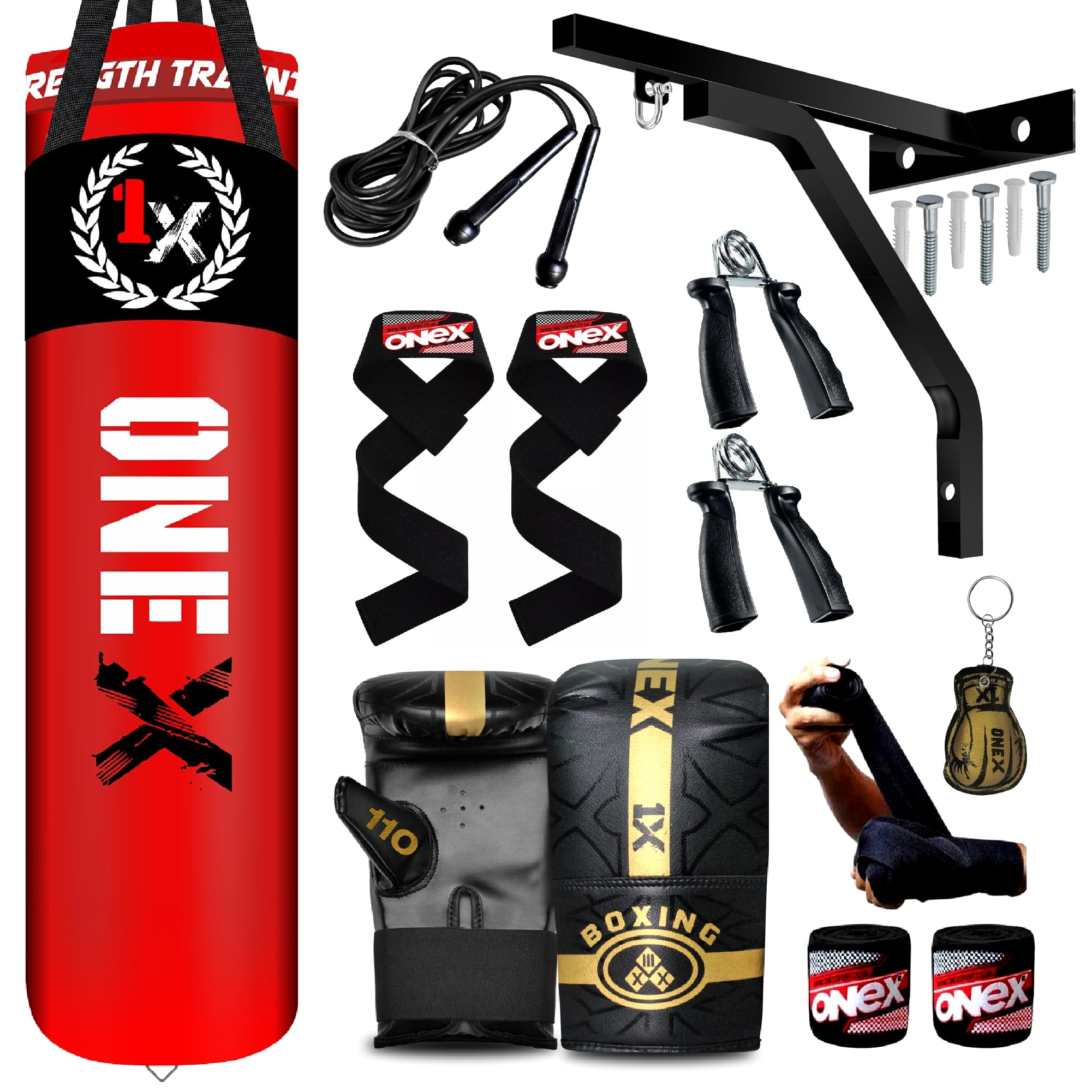 Boxing bag heavy duty punching bag Filled 5ft 4ft 3ft set, punch bag Kickboxing MMA Grappling Muay Thai Karate BJJ best punch bags equipment for Indoor or Outdoor boxing Training (RED, 4FT)