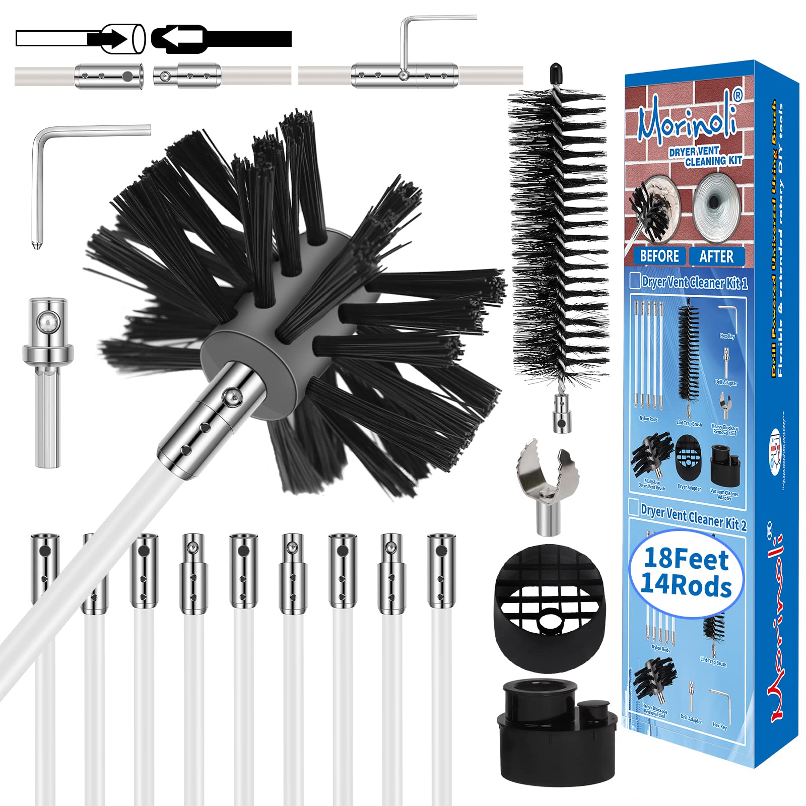 Morinoli 18 Feet Dryer Vent Cleaner Kit, Chrome Button Locking Dryer ...