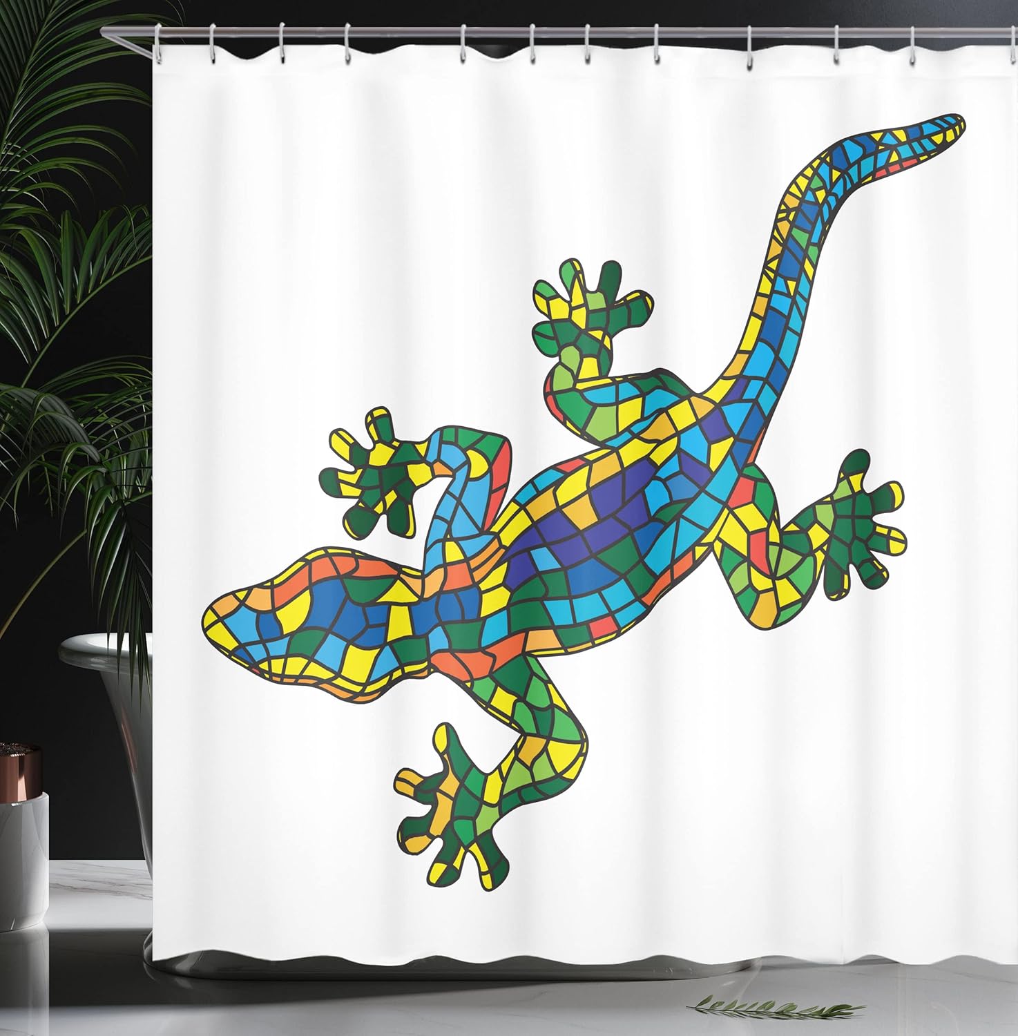 Ambesonne Iguana Shower Curtain, Geometric Mosaic Style Stained Glass Pattern Animal Exotic Design Ornamental Motif, Cloth Fabric Bathroom Decor Set with Hooks, 69" W x 70" L, Multicolor