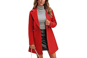 Women's Red Wool Pea Coat: Notch Collar, Double-Breasted Midi Trench Coat