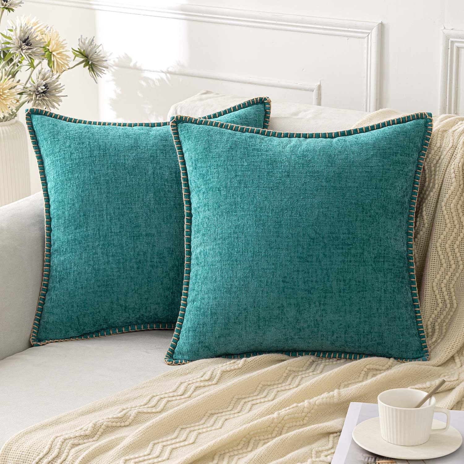 ANRODUO Pack of 2 Teal Chenille Throw Pillow Covers 20x20 Inch Farmhouse Decorative Pillow Covers with Stitched Edge Soft Throw Pillows for Couch Sofa Bed and Living Room Fall Boho Home Decor