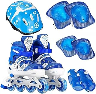 احذية بعجلات تزلق، احذية قابلة للتعديل مع عجلات مضيئة للاطفال والكبار، متضمنة مزلقات مع وسادات الكوع، طقم خوذة واقية، ملحقات التزلج